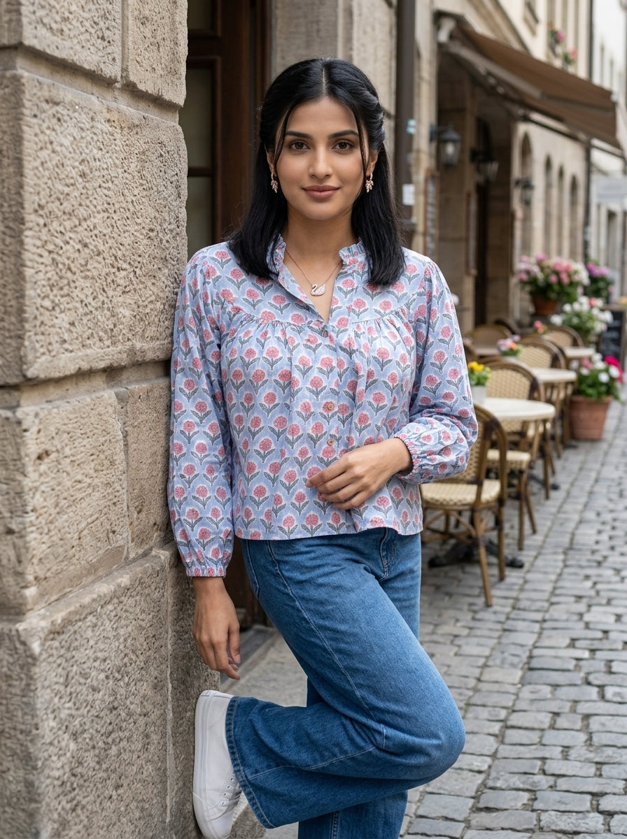 SOFT BLOSSOM BLUE COTTON TOP (HANDBLOCK)
