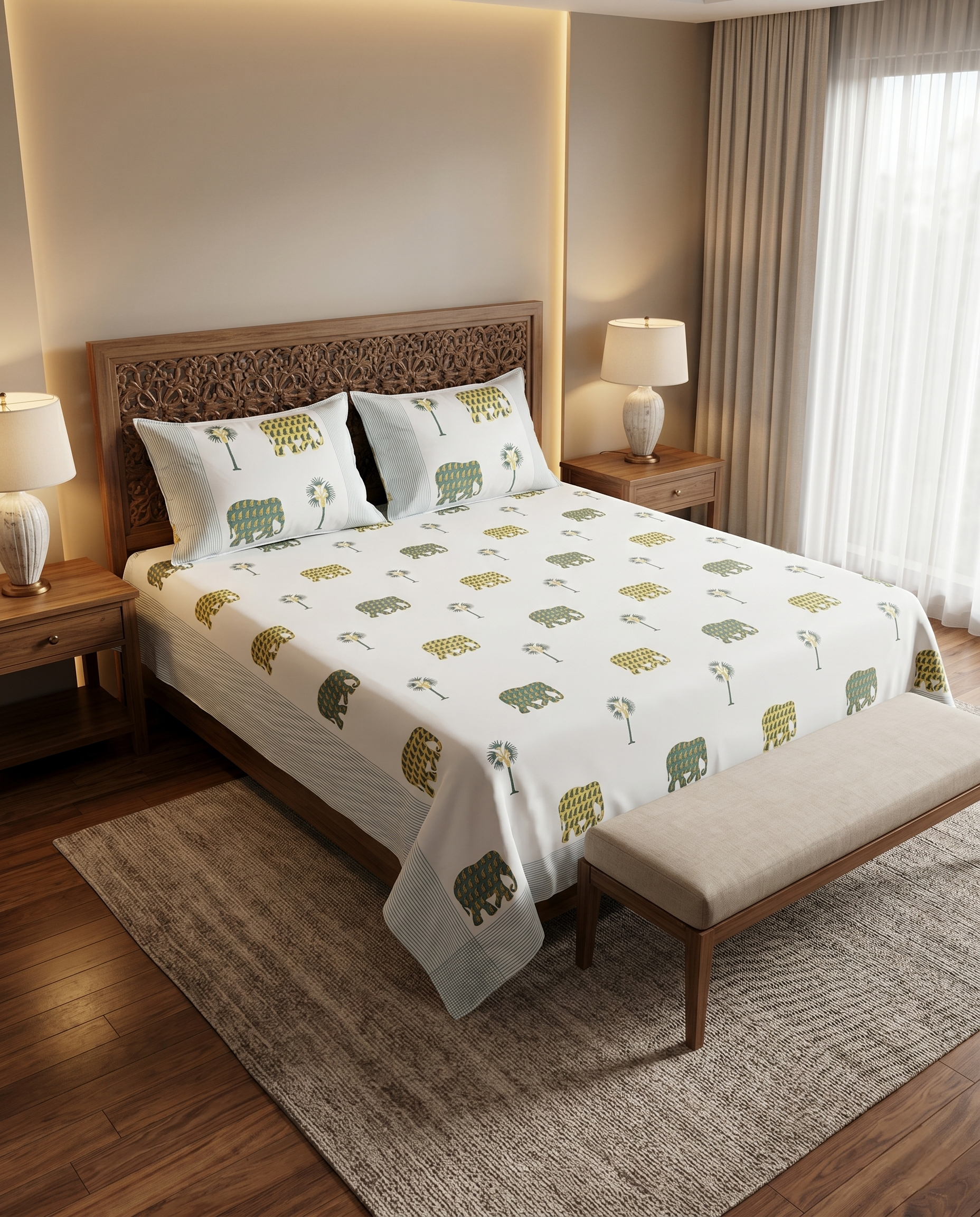 Heritage Elephant Natural Palms Premium Cotton Bedsheet