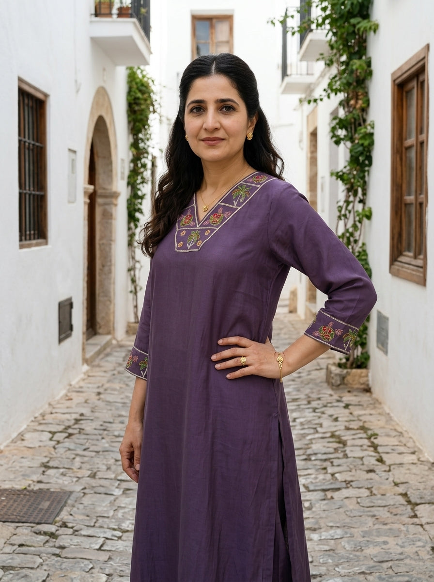 PALM BLOOM V-NECK MUL MUSLIN PURPLE KURTA PANT SET