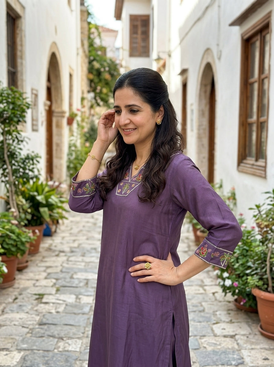 PALM BLOOM V-NECK MUL MUSLIN PURPLE KURTA PANT SET