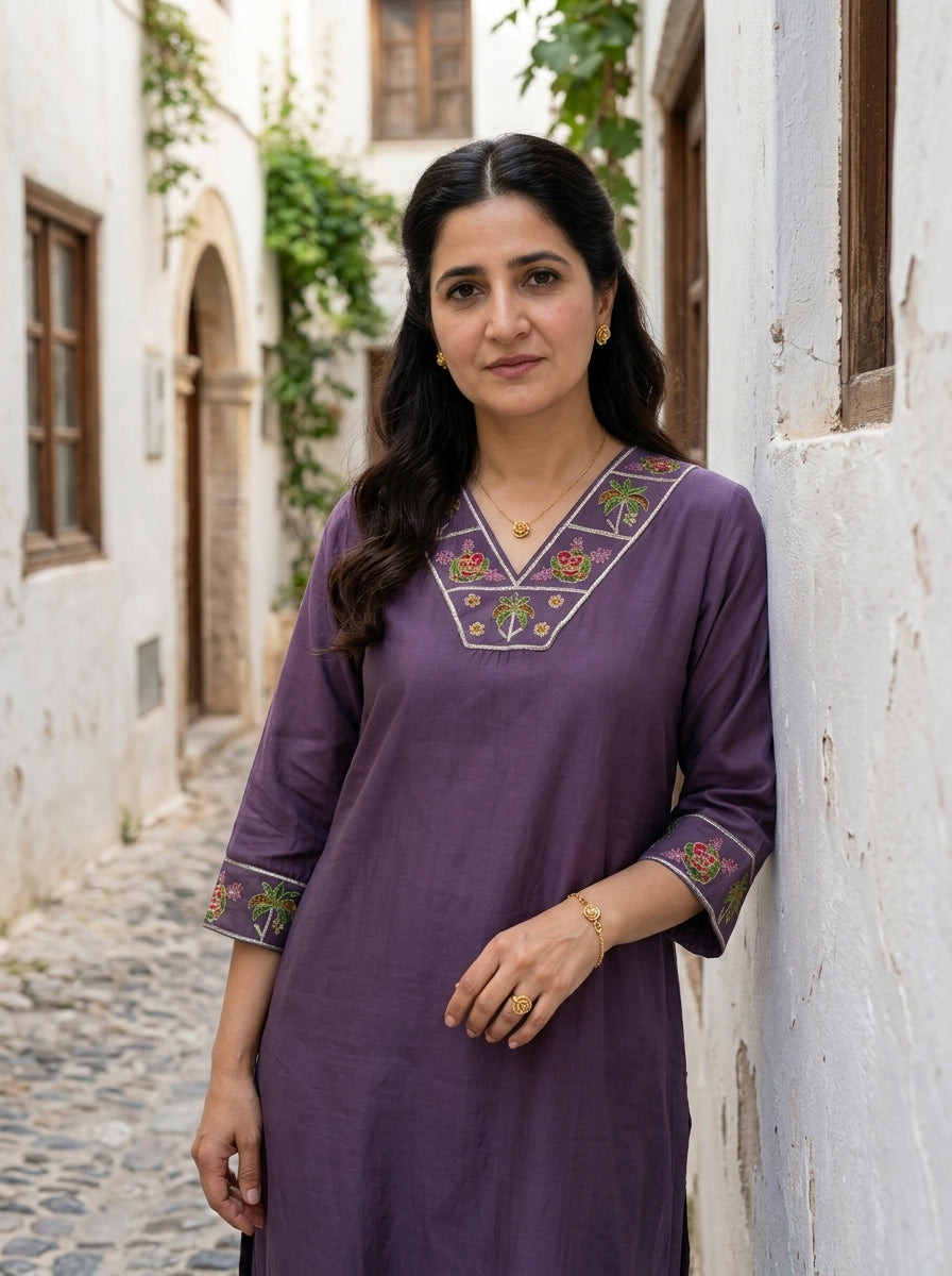 PALM BLOOM V-NECK MUL MUSLIN PURPLE KURTA PANT SET