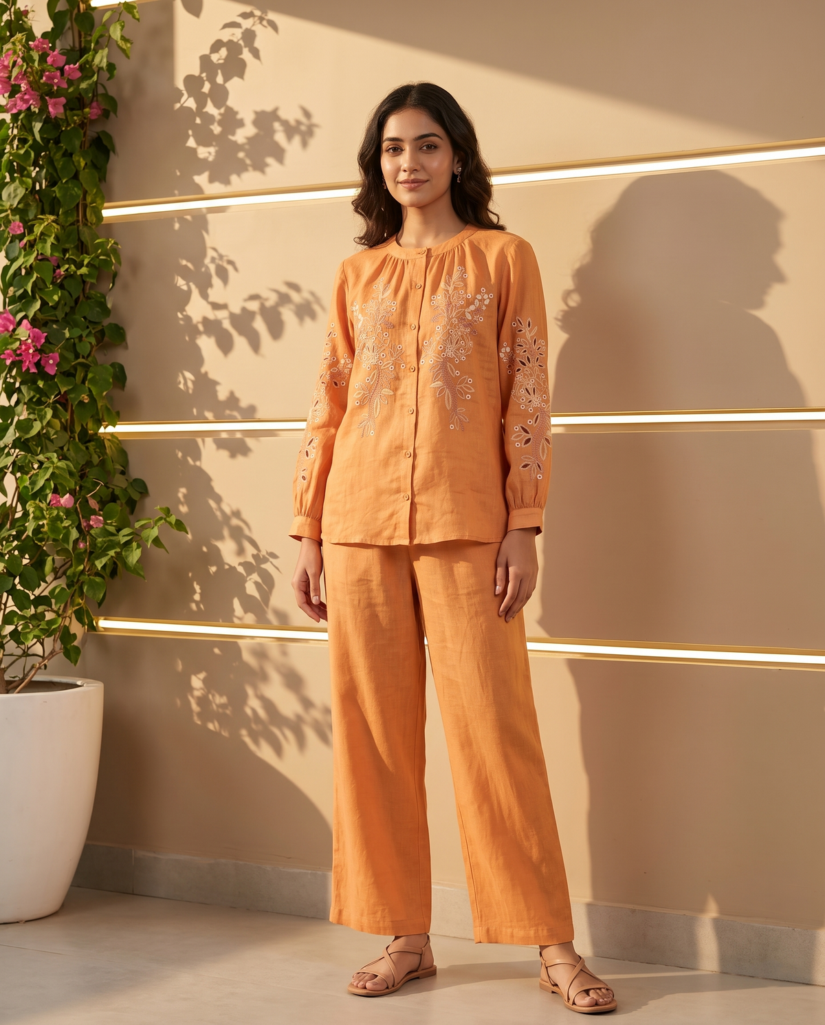 Floral Embroidered European Linen Top -  Orange