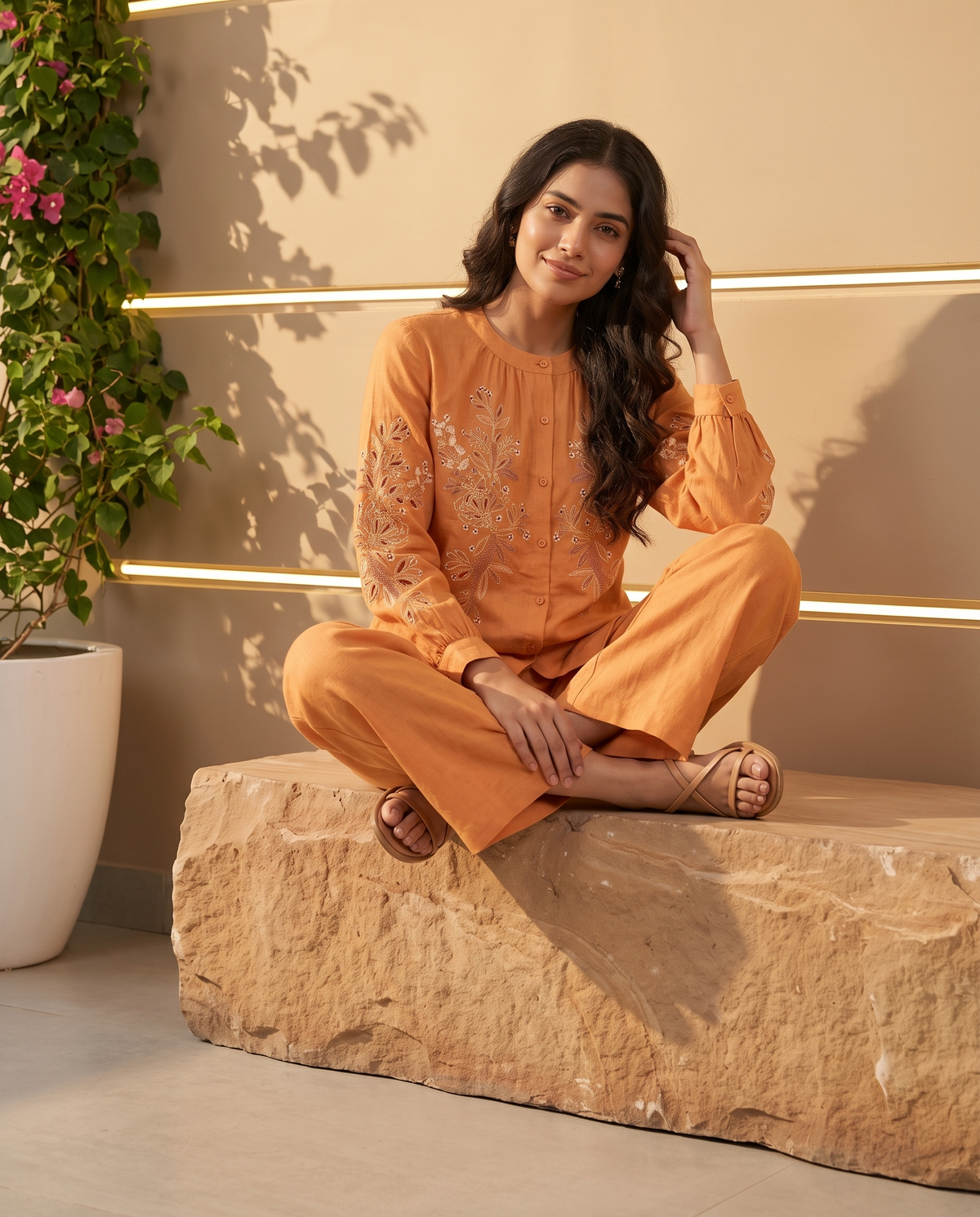 Floral Embroidered European Linen Top -  Orange