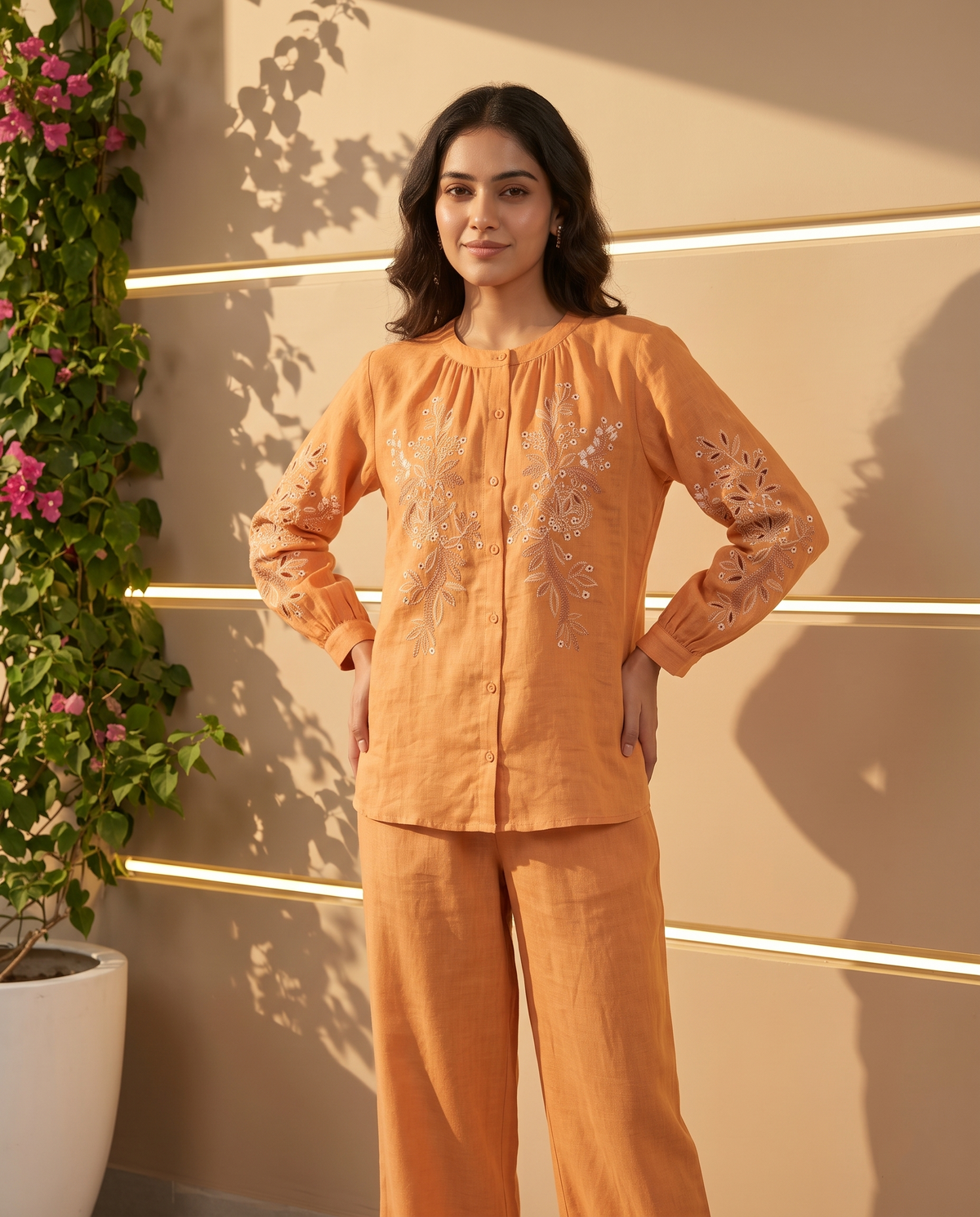 Floral Embroidered European Linen Top -  Orange