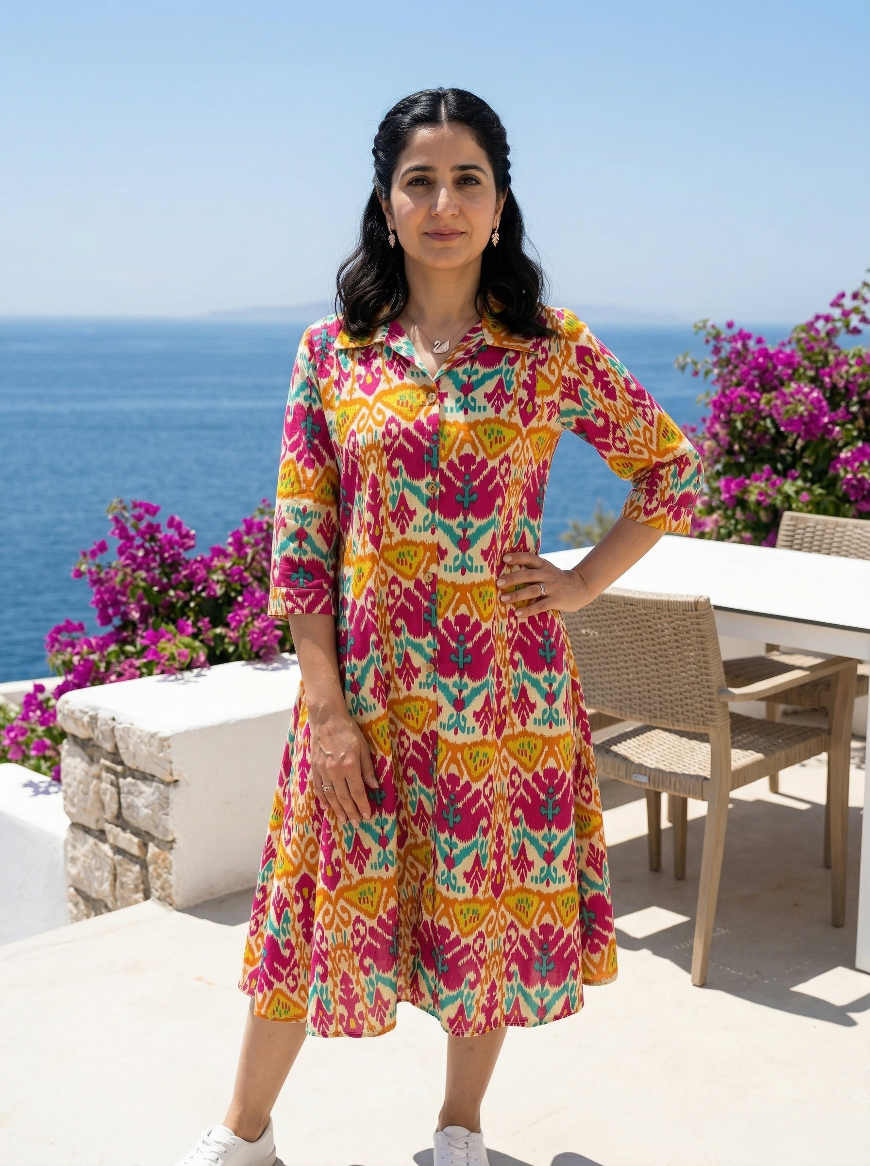 IKKAT YELLOW/PINK COTTON  DRESS