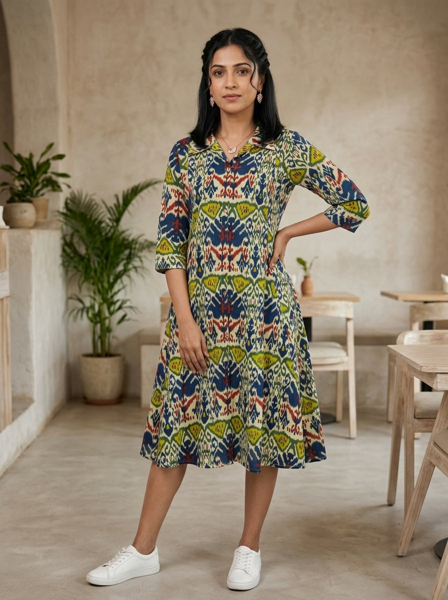 IKKAT BLUE/GREEN COTTON  DRESS