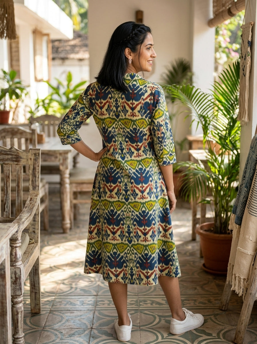 IKKAT BLUE/GREEN COTTON  DRESS