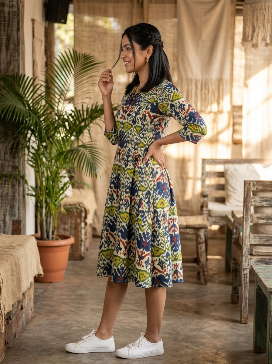 IKKAT BLUE/GREEN COTTON  DRESS