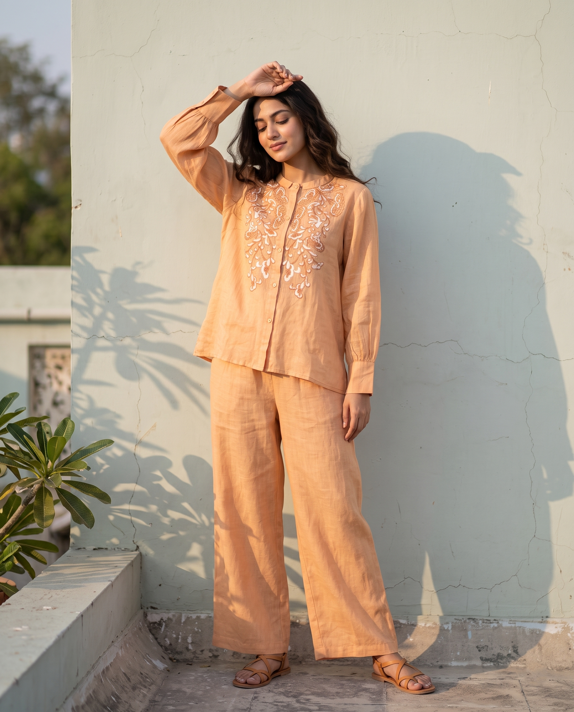 Ornate Paisley Embroidered European Linen Top - Peach Orange
