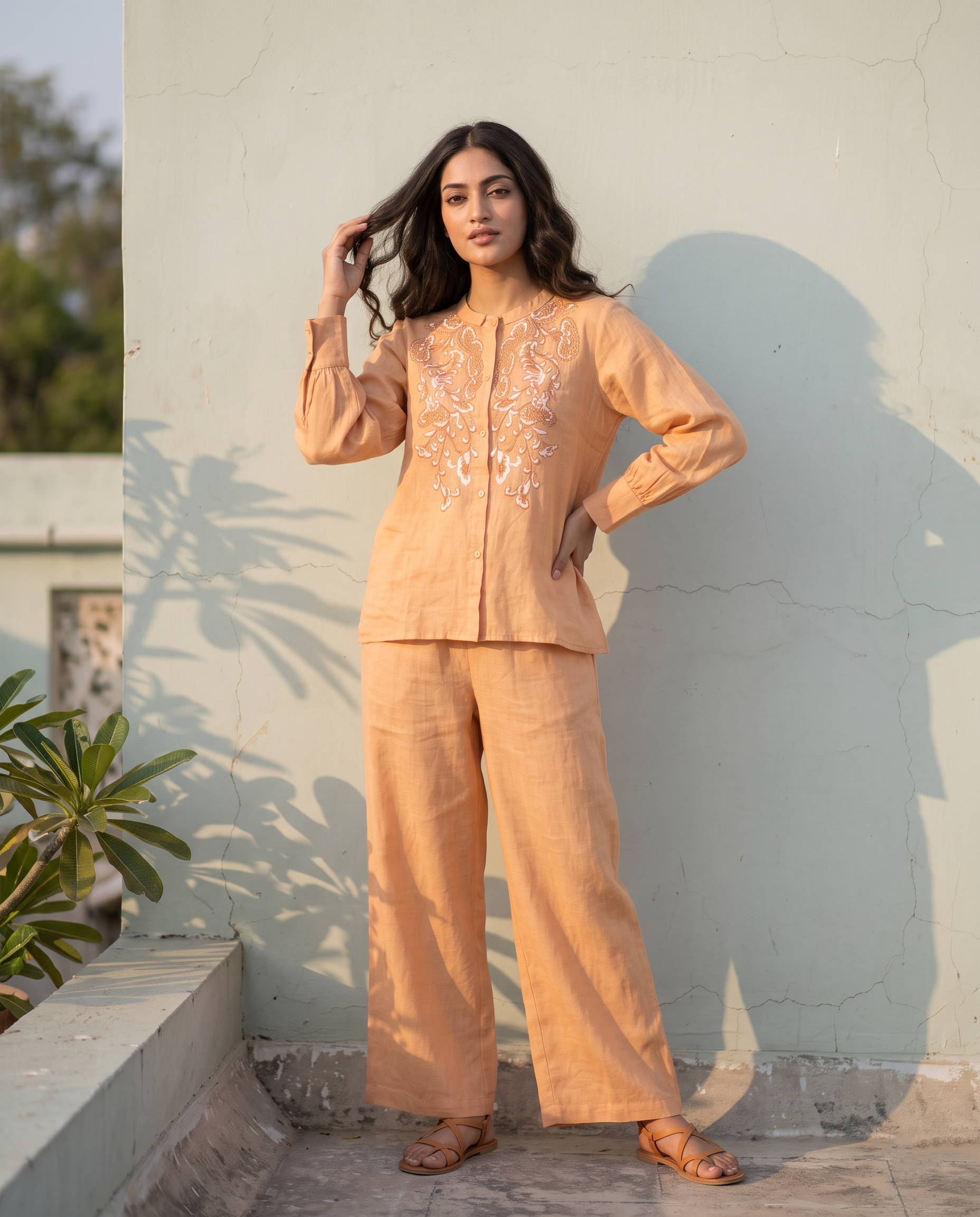 Ornate Paisley Embroidered European Linen Top - Peach Orange