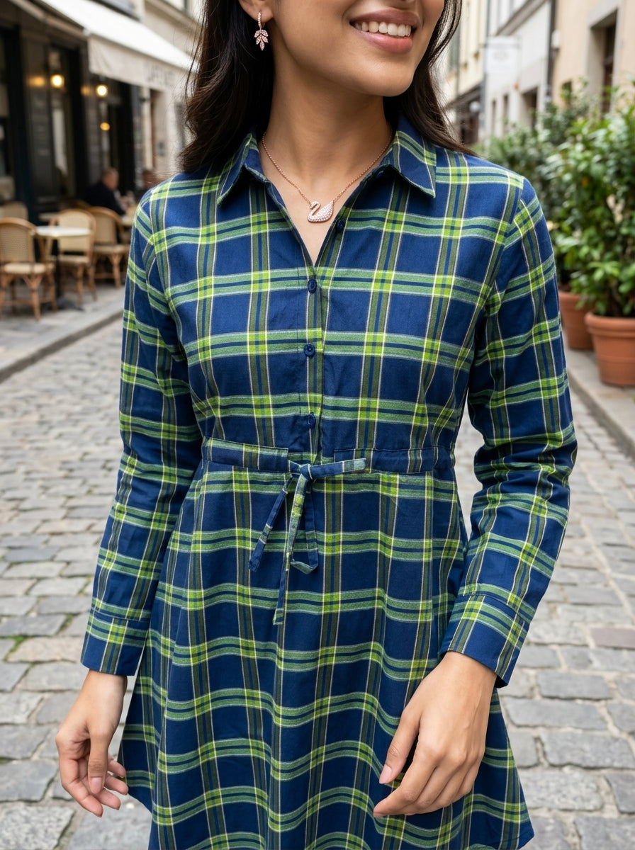 SCOTTISH CHECK BLUE+GREEN COTTON DRESS