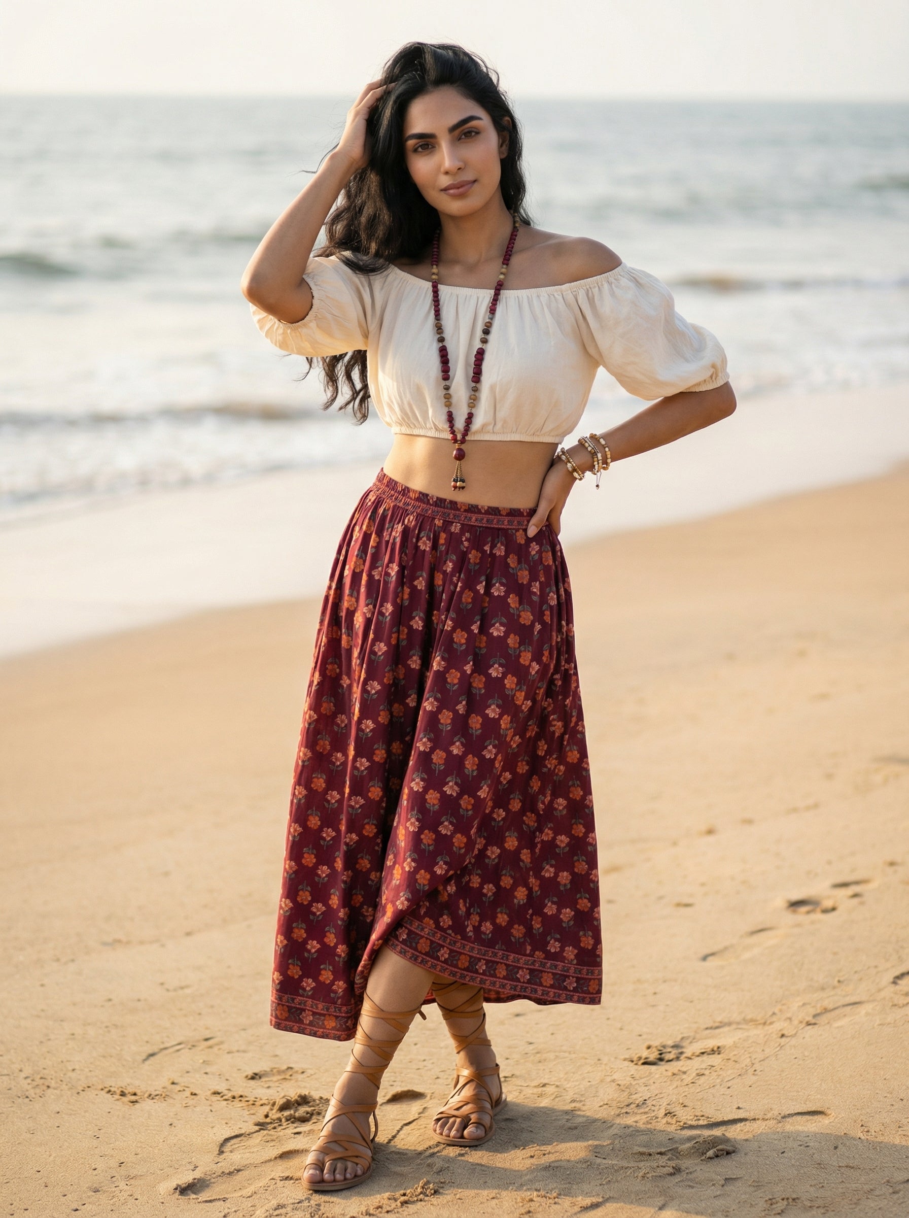 Handprinted Cotton Maxi Wine Skirt