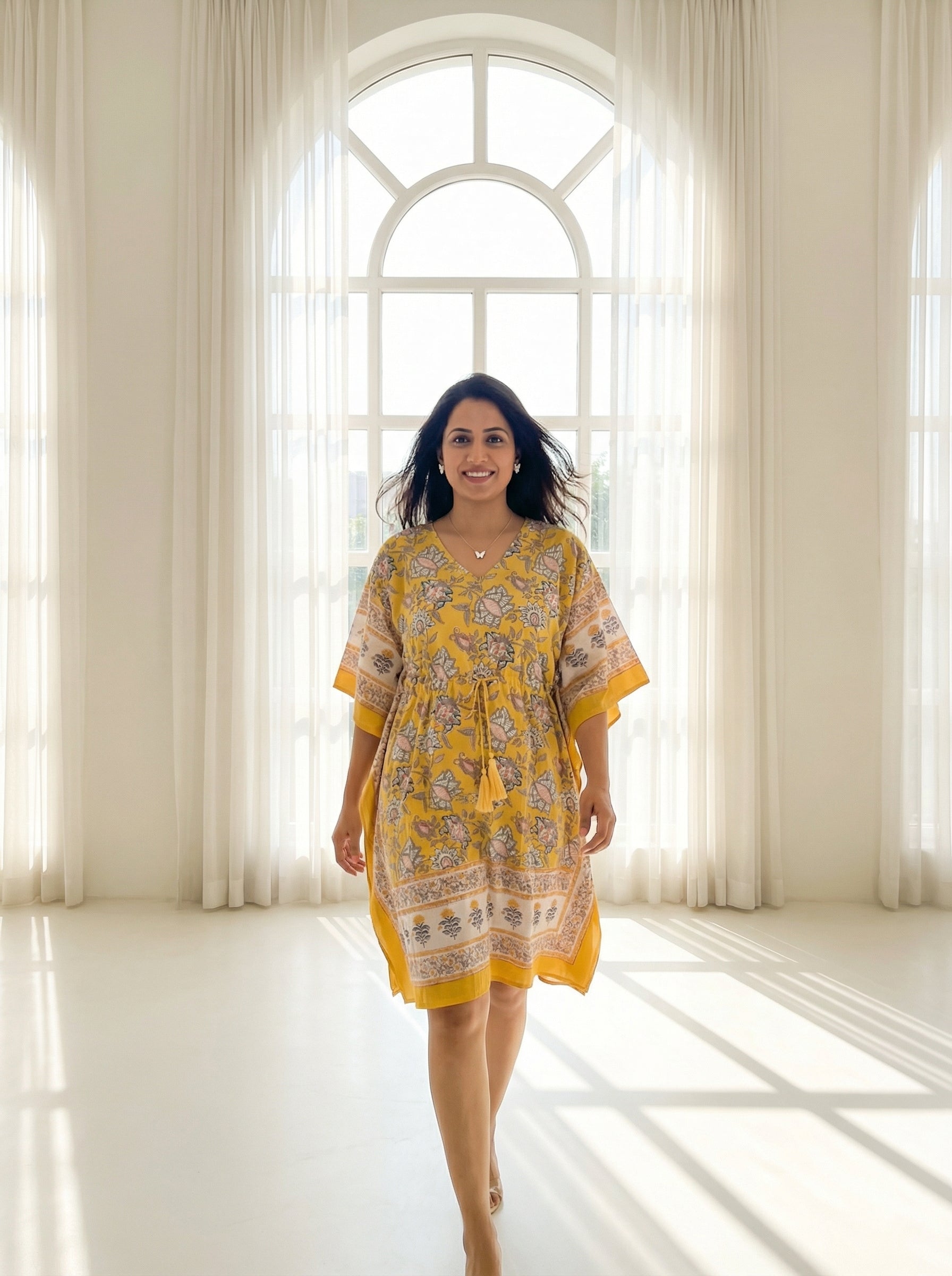 Yellow Mul Cotton Short Kaftan