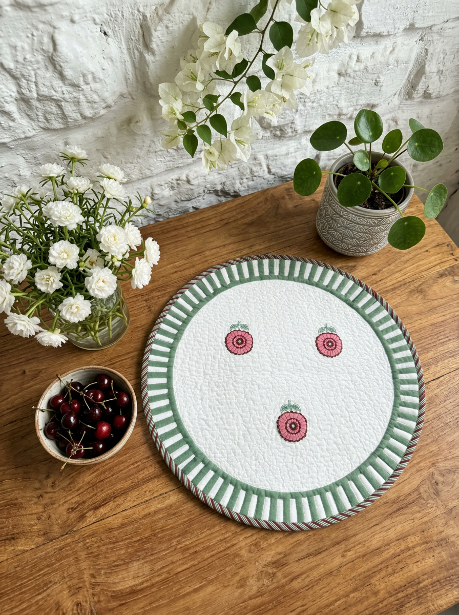 Quilted Pink 3 Phool Butta Round Mat