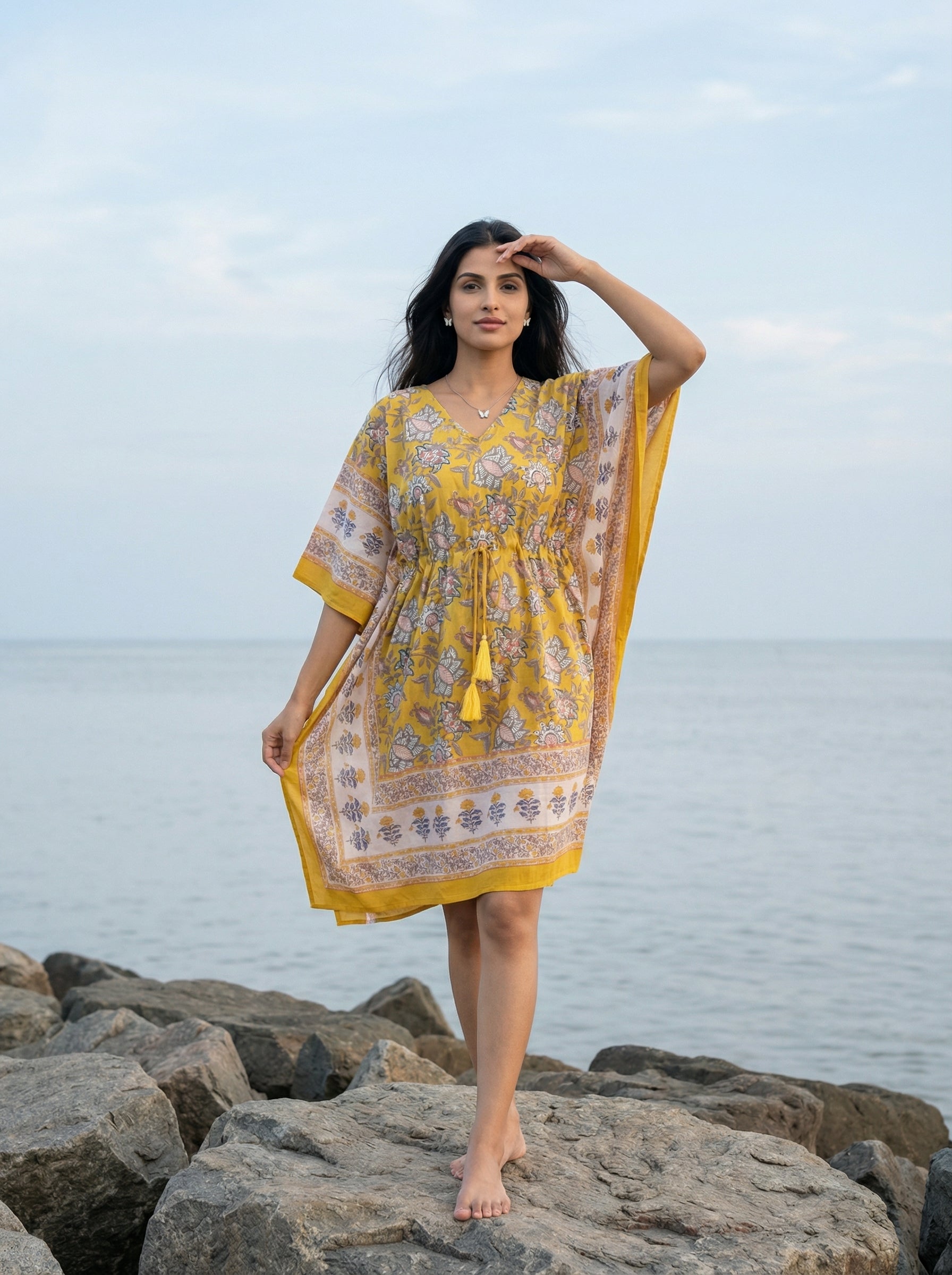 Yellow Mul Cotton Short Kaftan
