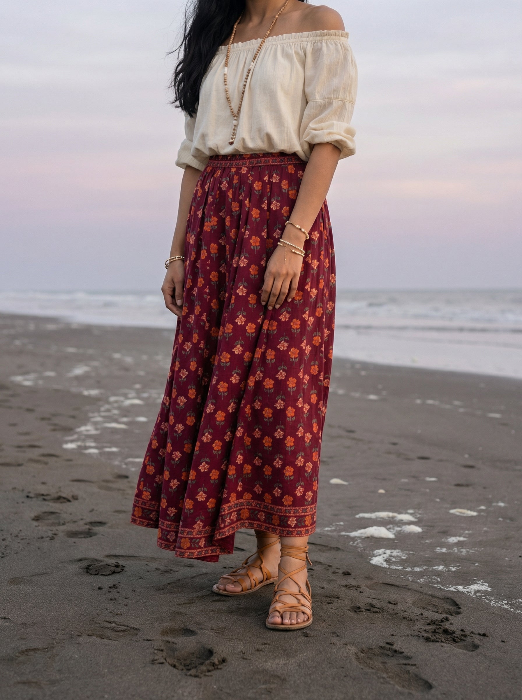 Handprinted Cotton Maxi Wine Skirt