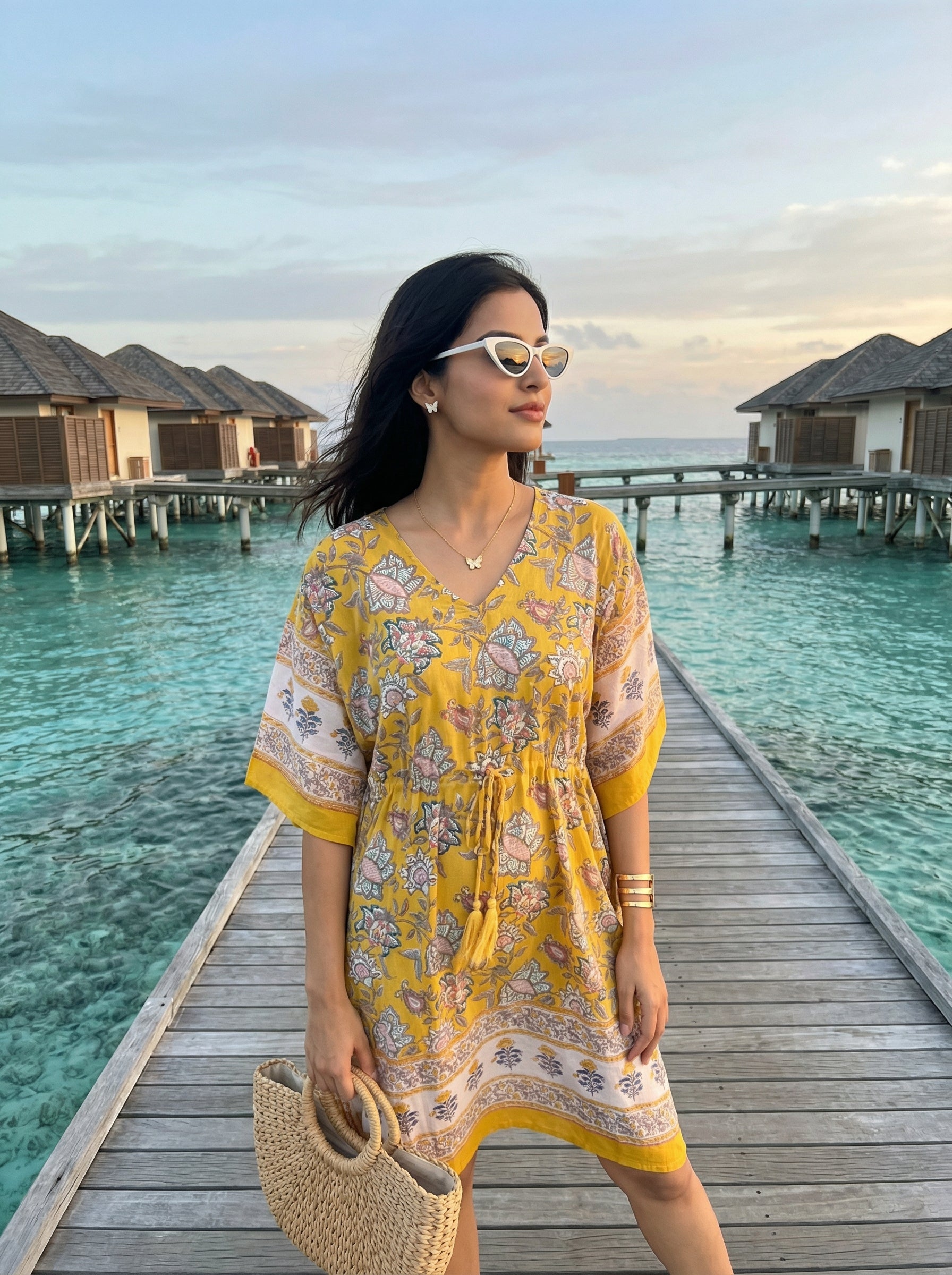 Yellow Mul Cotton Short Kaftan