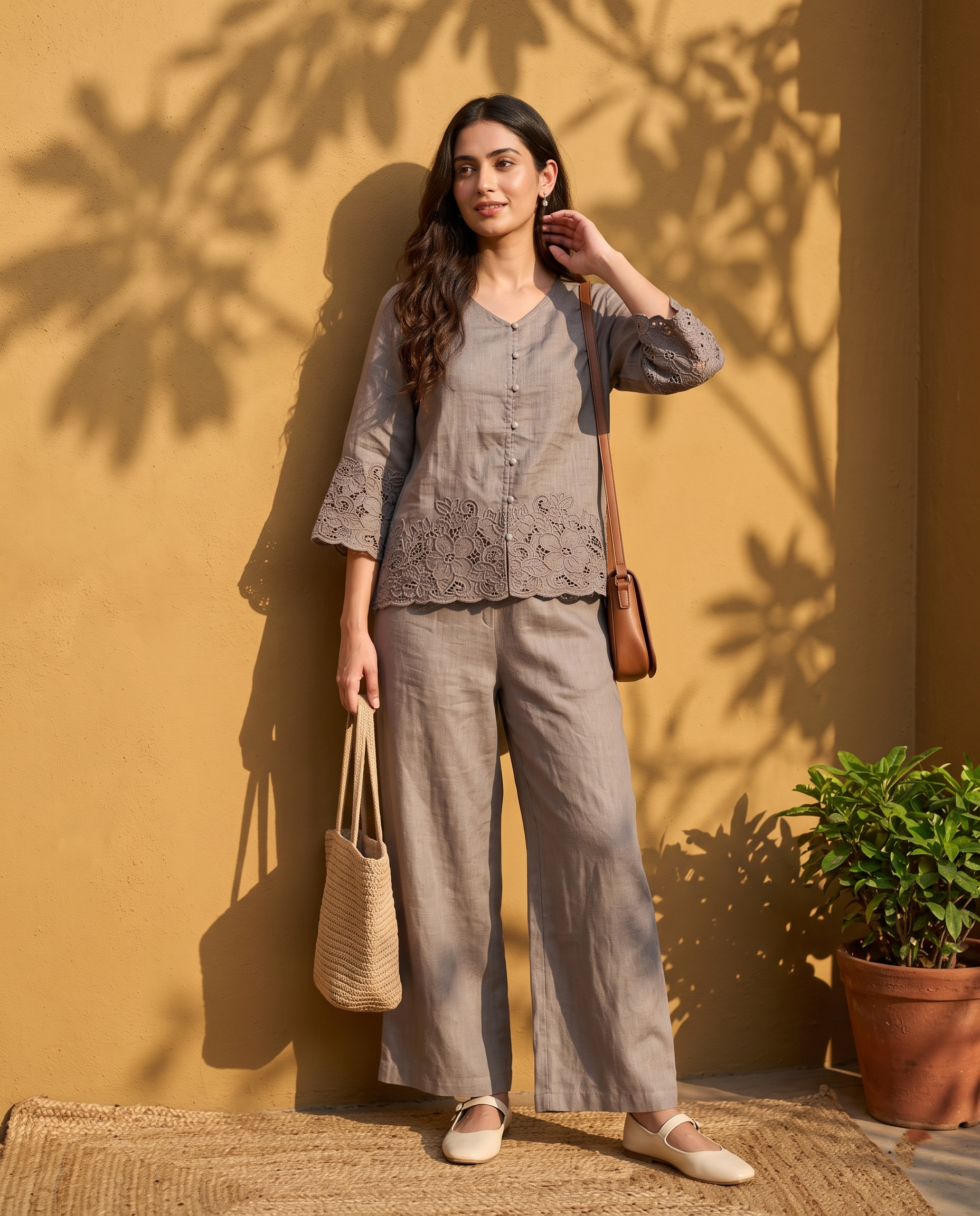 Taupe Bloom European Linen Top - Mushroom Taupe