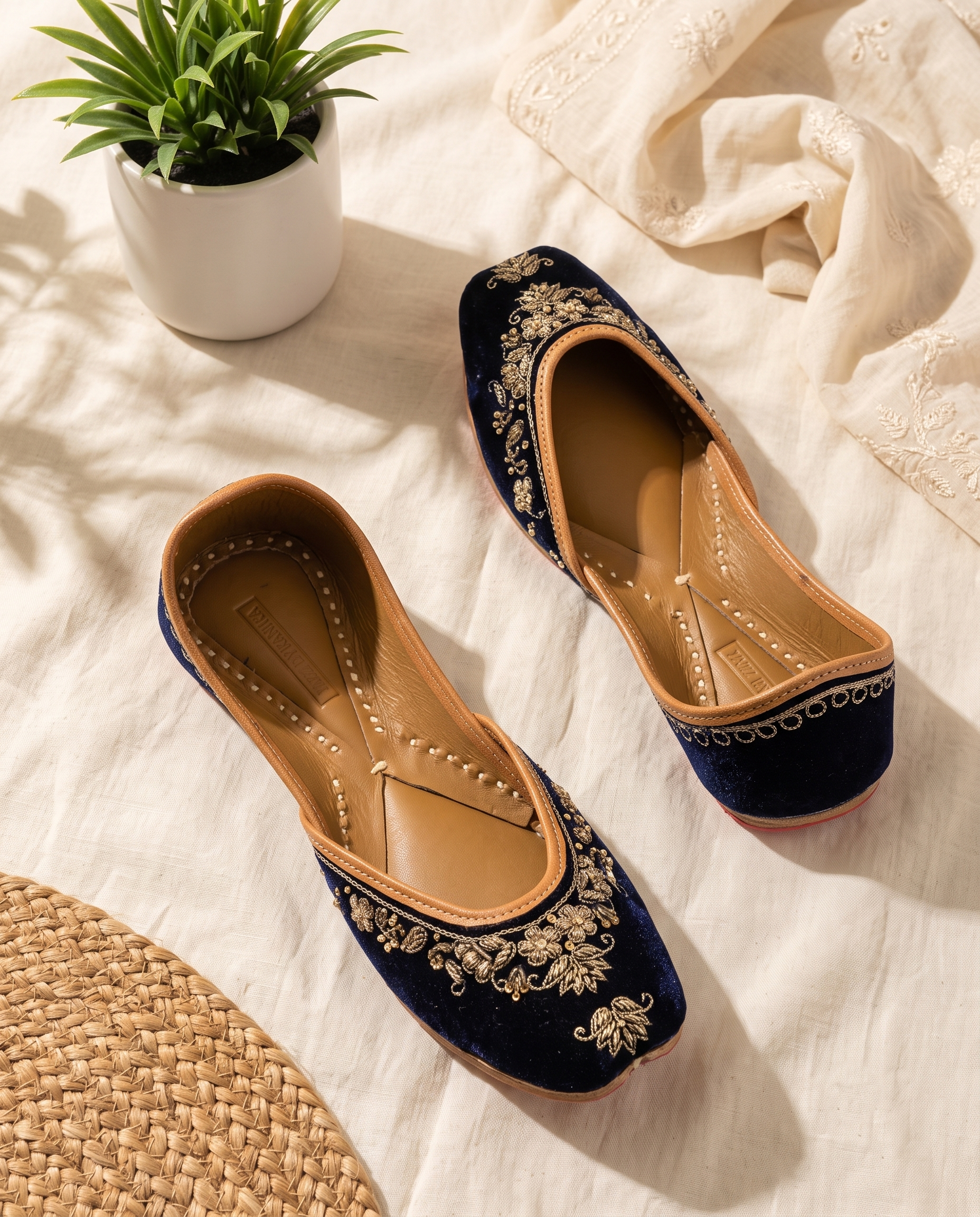 Navy Velvet Jaal Pure Leather Handcrafted Jutti