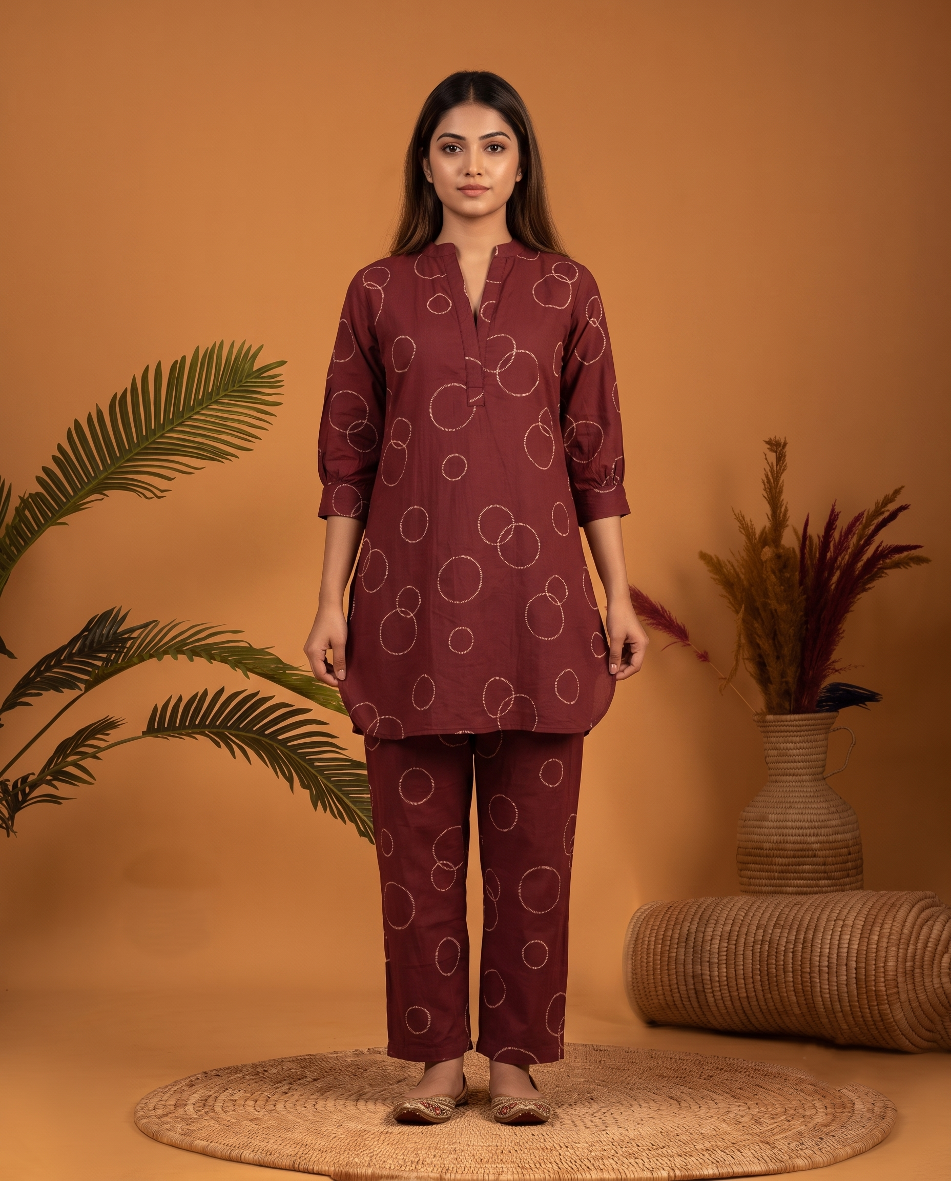 MAROON BUBBLE PRINT ETHNIC FARSI SET