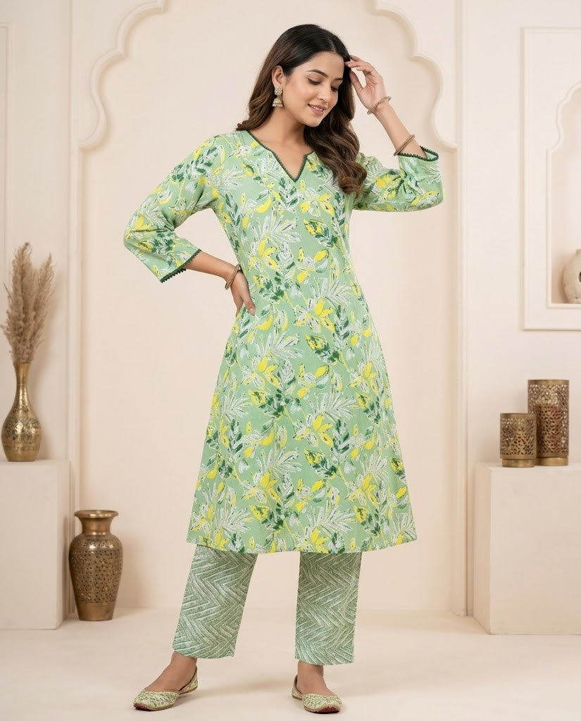FLORAL LIGHT GREEN  DESIGN PREMIUM COTTON KURTA PANT SET
