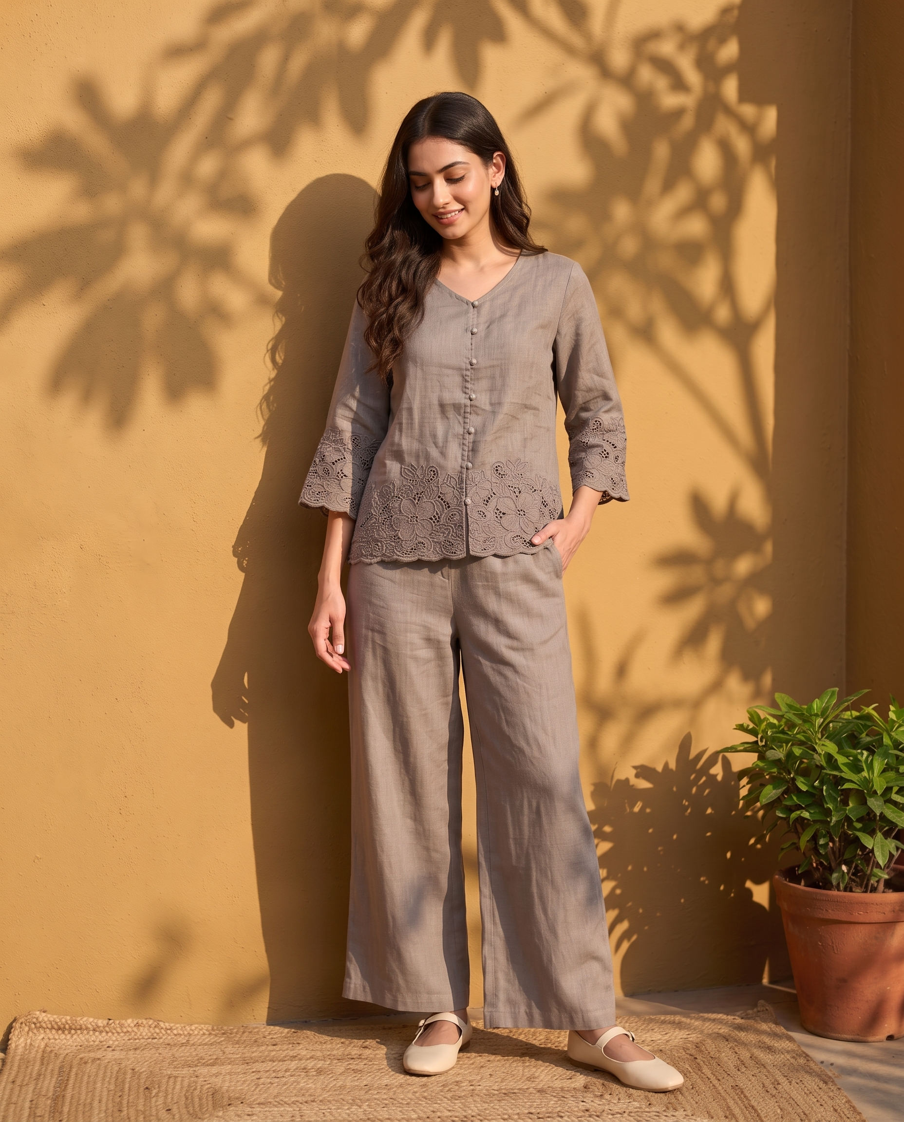 Taupe Bloom European Linen Top - Mushroom Taupe