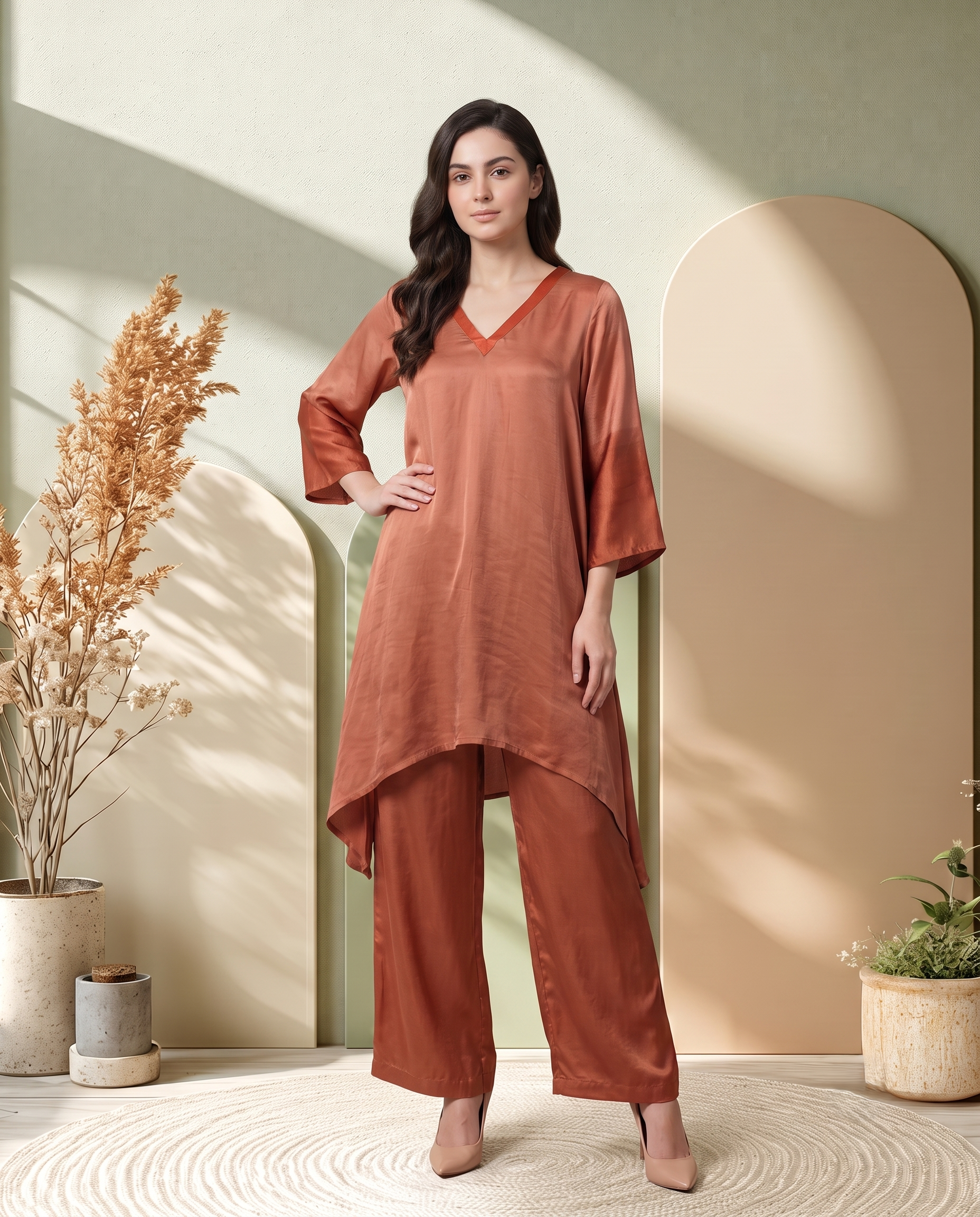 RUSSET BROWN OMBRE LUXE MODAL SILK SHORT KURTA