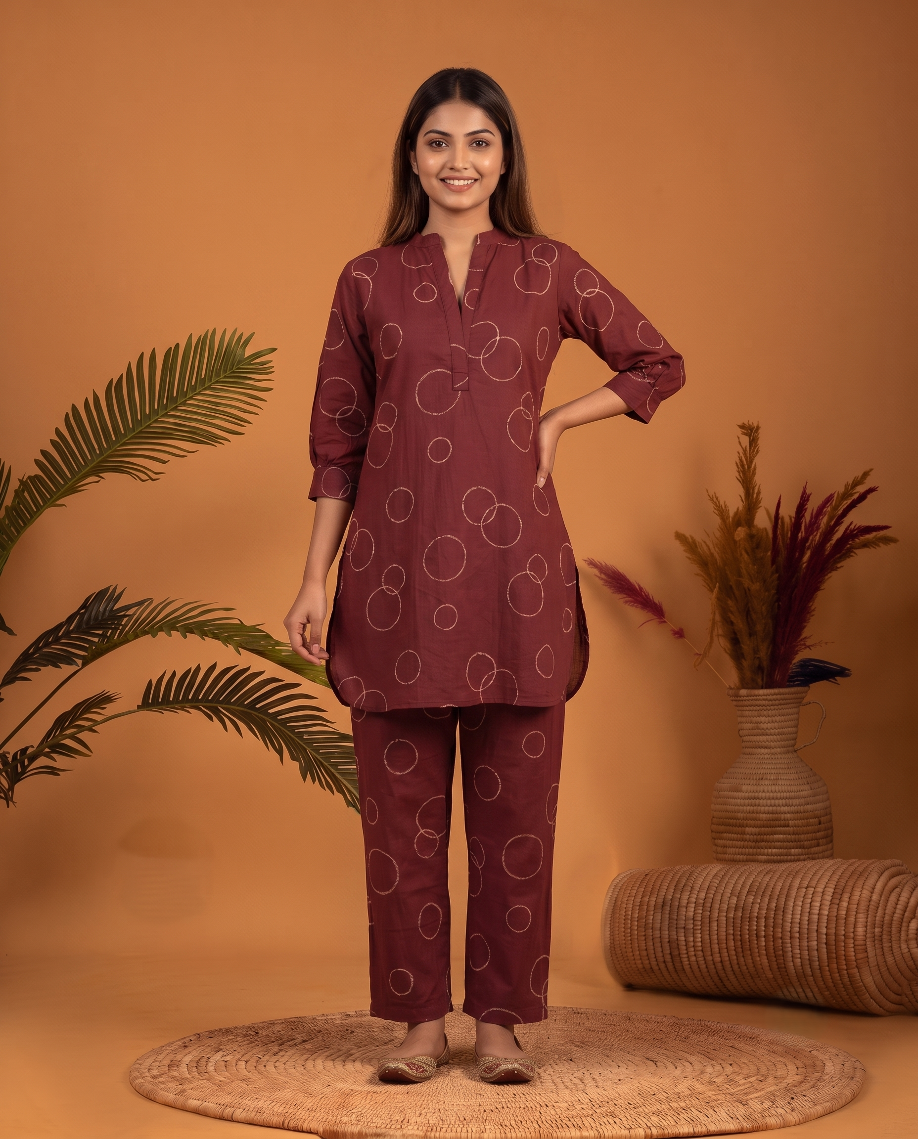 MAROON BUBBLE PRINT ETHNIC FARSI SET