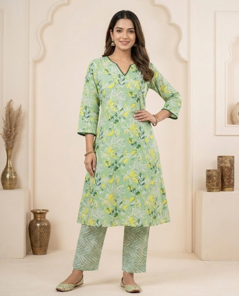 FLORAL LIGHT GREEN  DESIGN PREMIUM COTTON KURTA PANT SET
