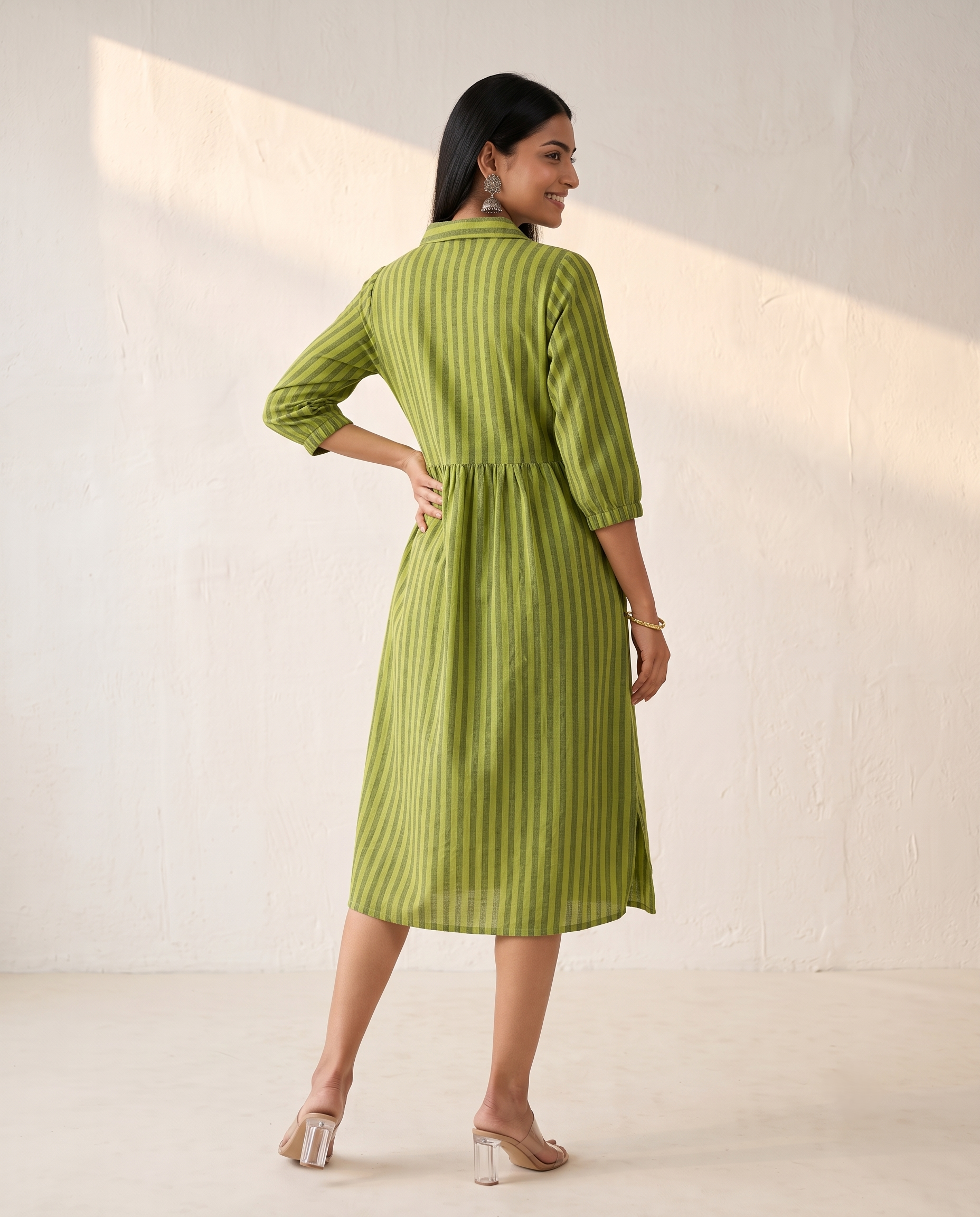 PREMIUM COTTON LINEN GREEN CASUAL DRESS