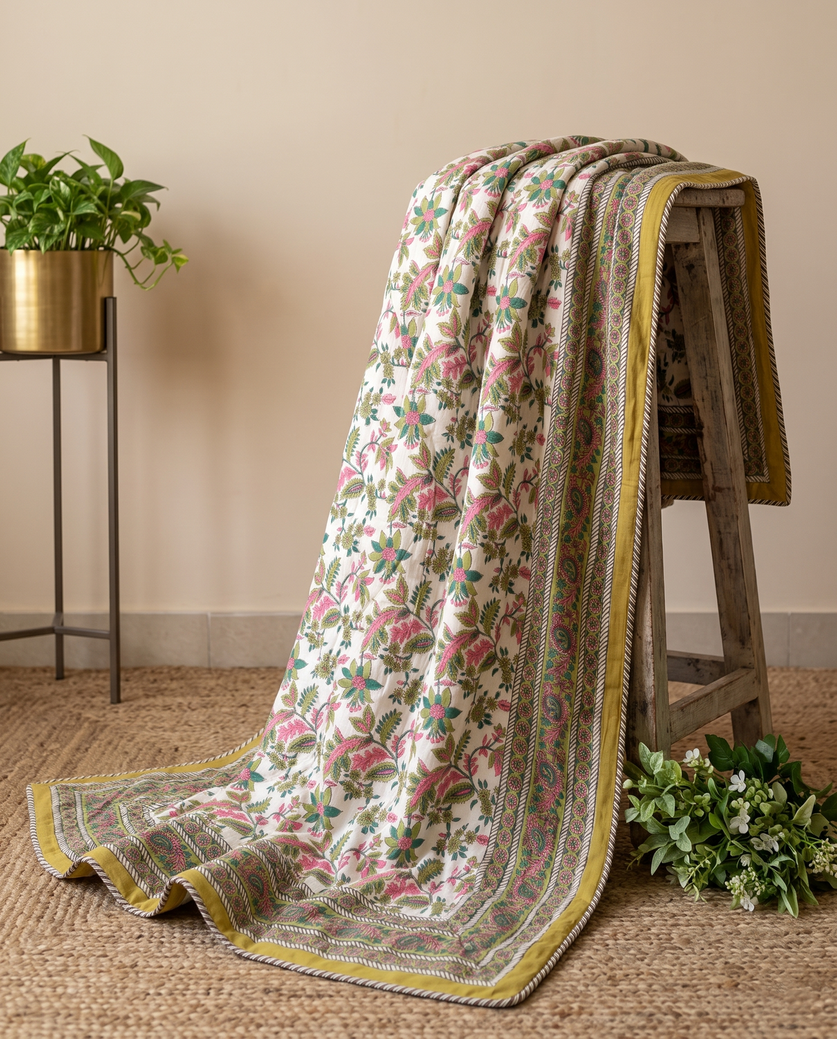 The Mustard Paisley Garden Handblock Reversible Dohar