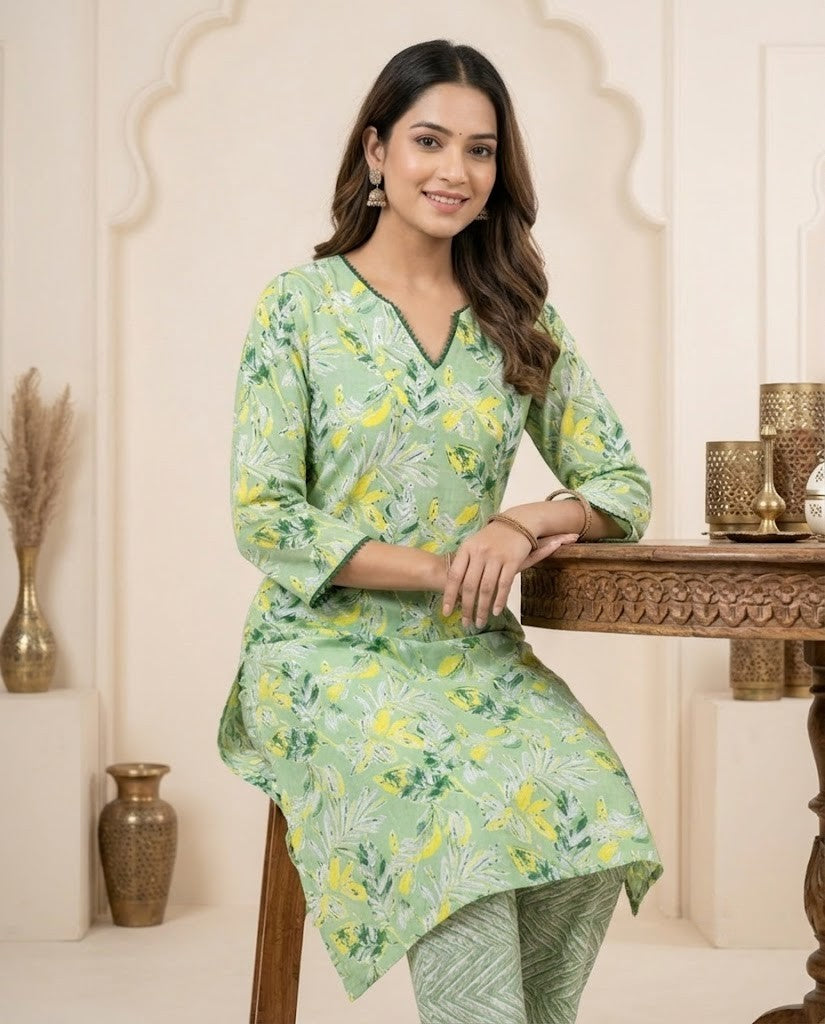 FLORAL LIGHT GREEN  DESIGN PREMIUM COTTON KURTA PANT SET