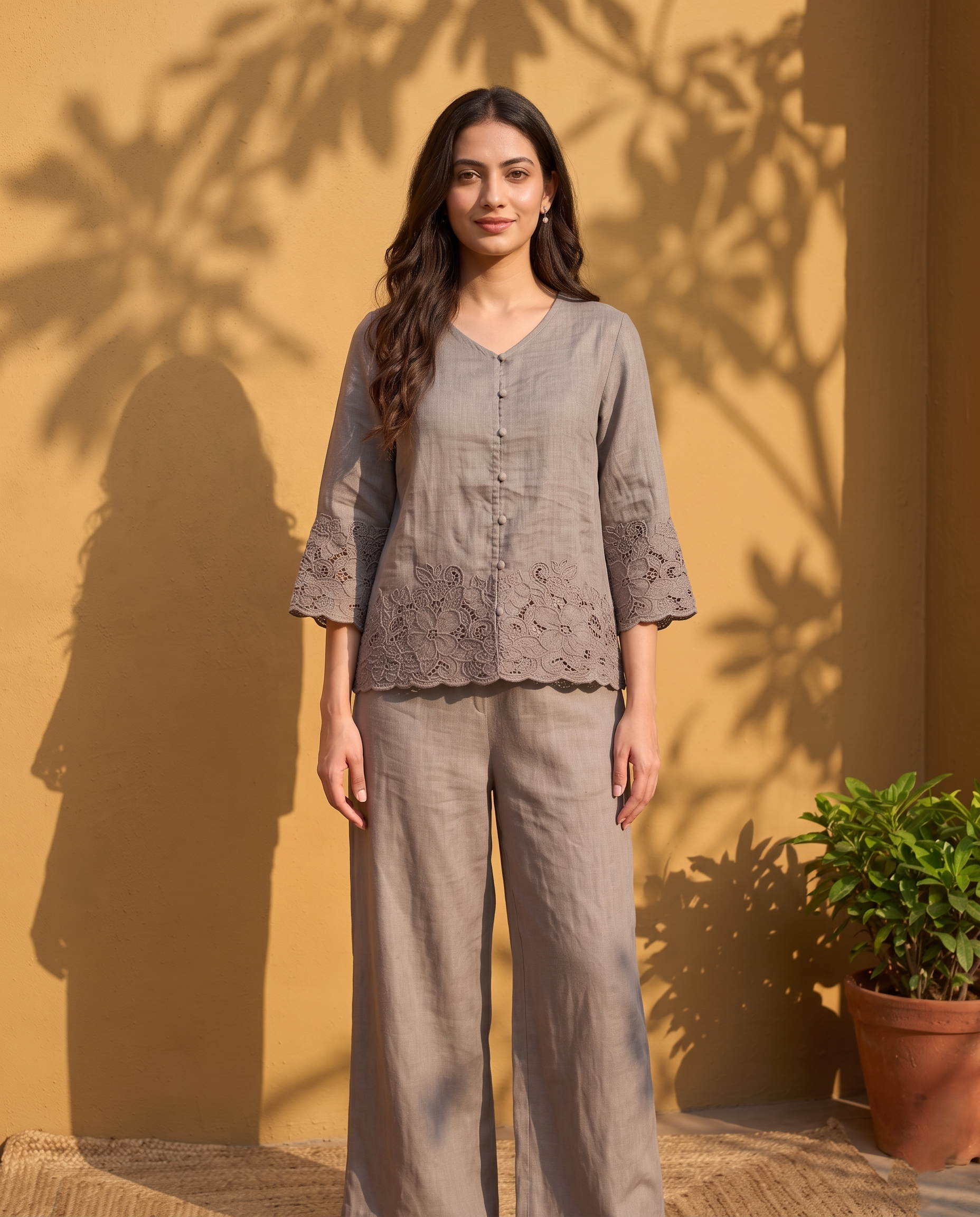 Taupe Bloom European Linen Top - Mushroom Taupe