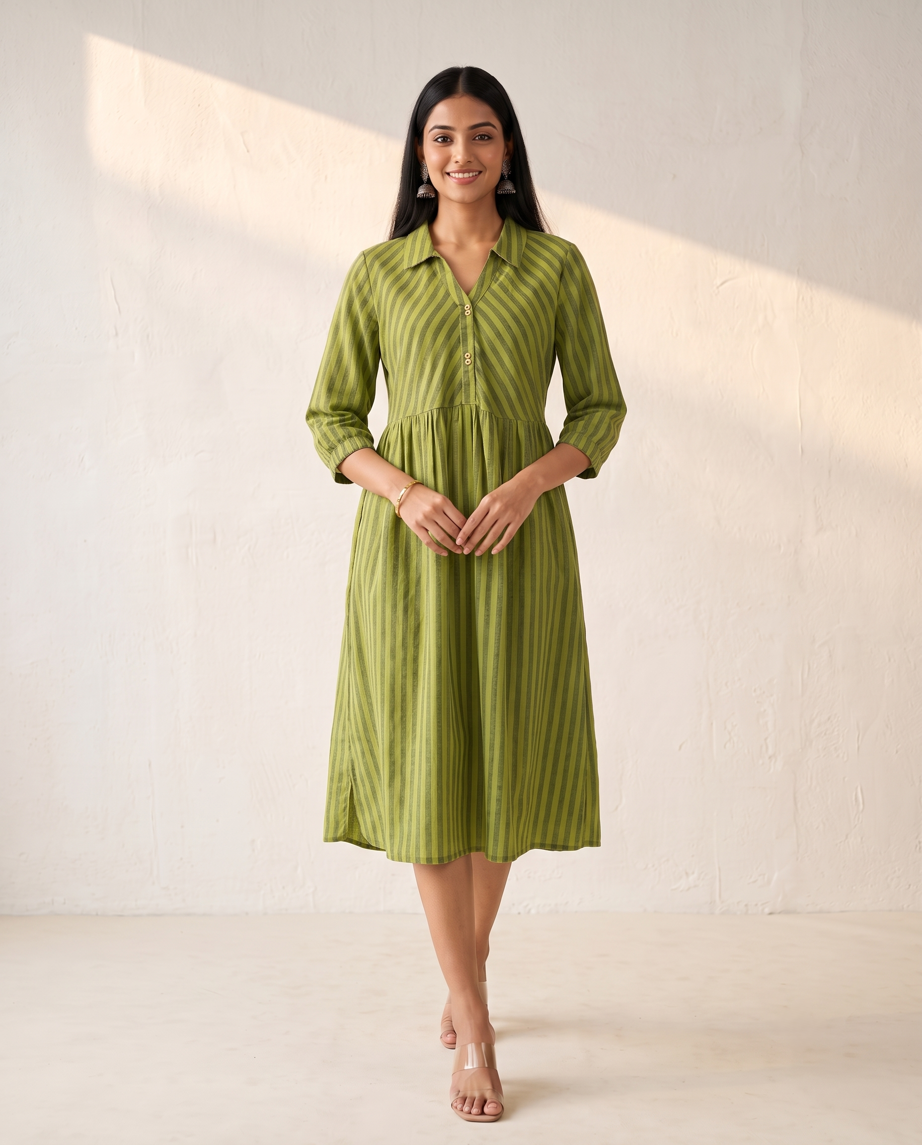PREMIUM COTTON LINEN GREEN CASUAL DRESS