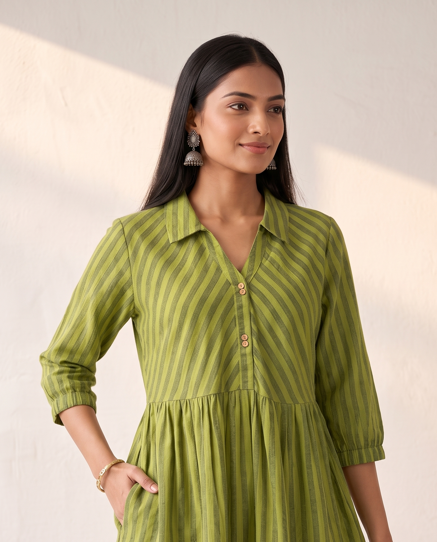 PREMIUM COTTON LINEN GREEN CASUAL DRESS