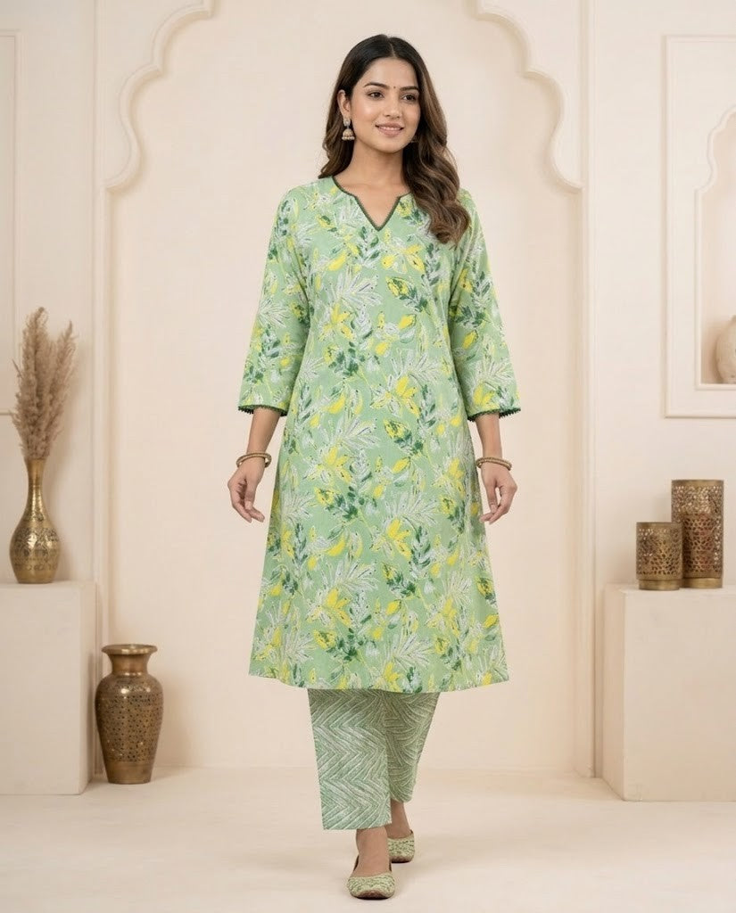 FLORAL LIGHT GREEN  DESIGN PREMIUM COTTON KURTA PANT SET