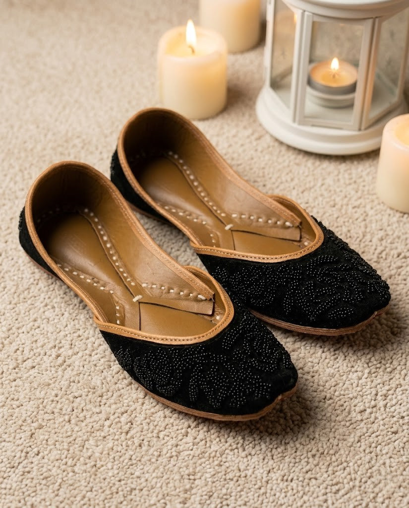 LUXURY BLACK EMBELLISHED PURE LEATHER HANDCRAFTED JUTTI