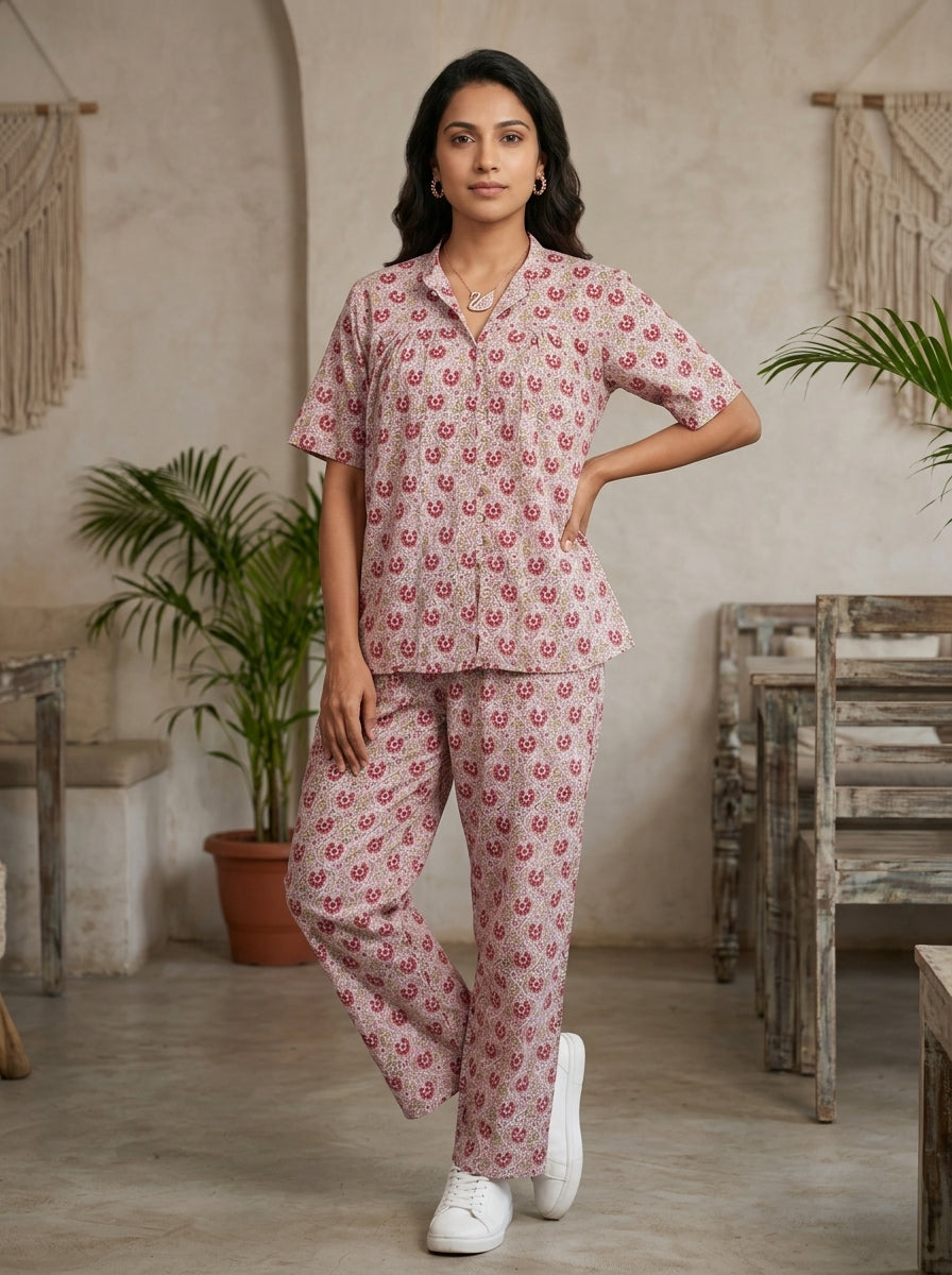 BOONDA-BUTTON BROWN PREMIUM COTTON  CORDSET(HANDBLOCK)