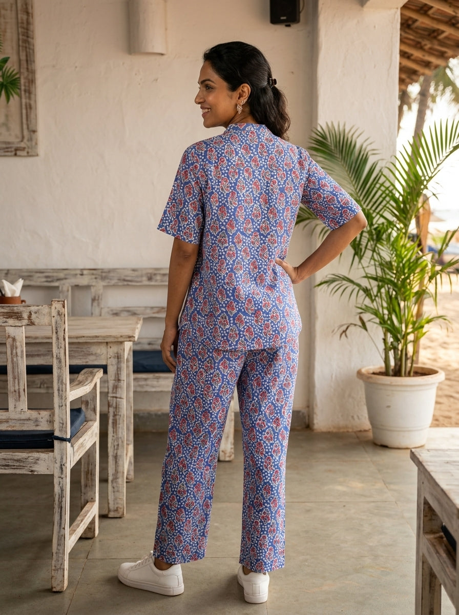 BOONDA-BUTTON BLUE PREMIUM COTTON  CORDSET(HANDBLOCK)