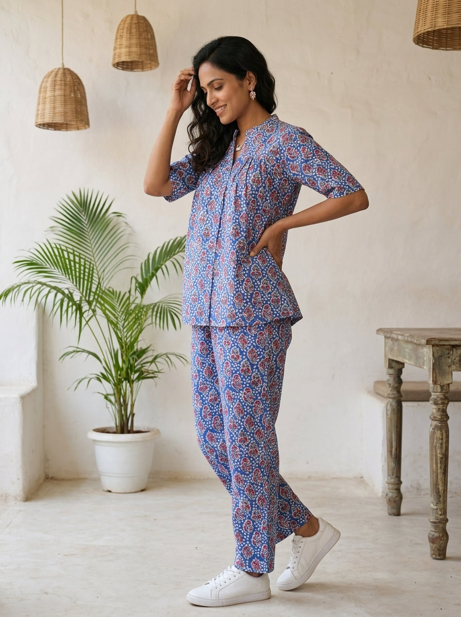 BOONDA-BUTTON BLUE PREMIUM COTTON  CORDSET(HANDBLOCK)
