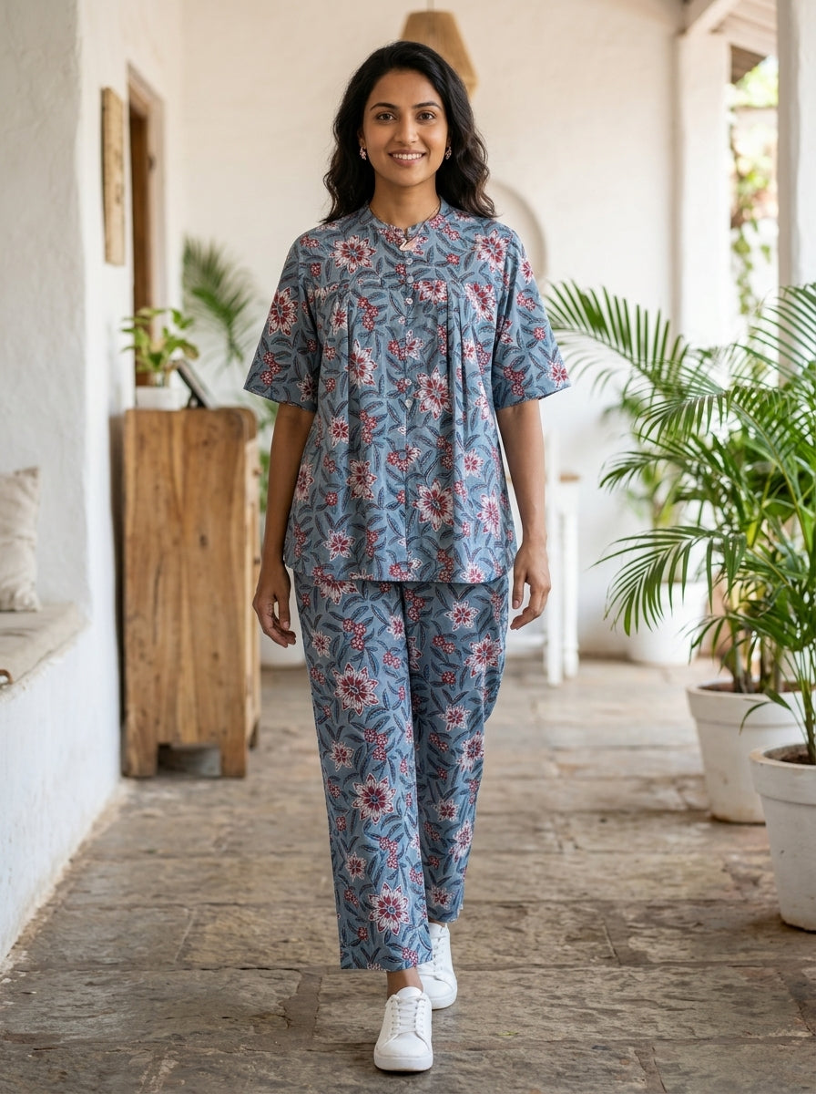 BOONDA-BUTTON GREYISH BLUE PREMIUM COTTON  CORDSET(HANDBLOCK)