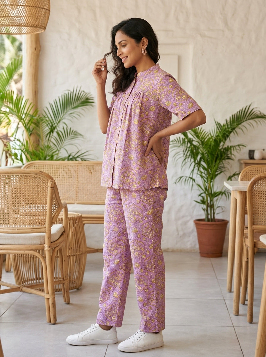 BOONDA-BUTTON PINK PREMIUM COTTON  CORDSET(HANDBLOCK)