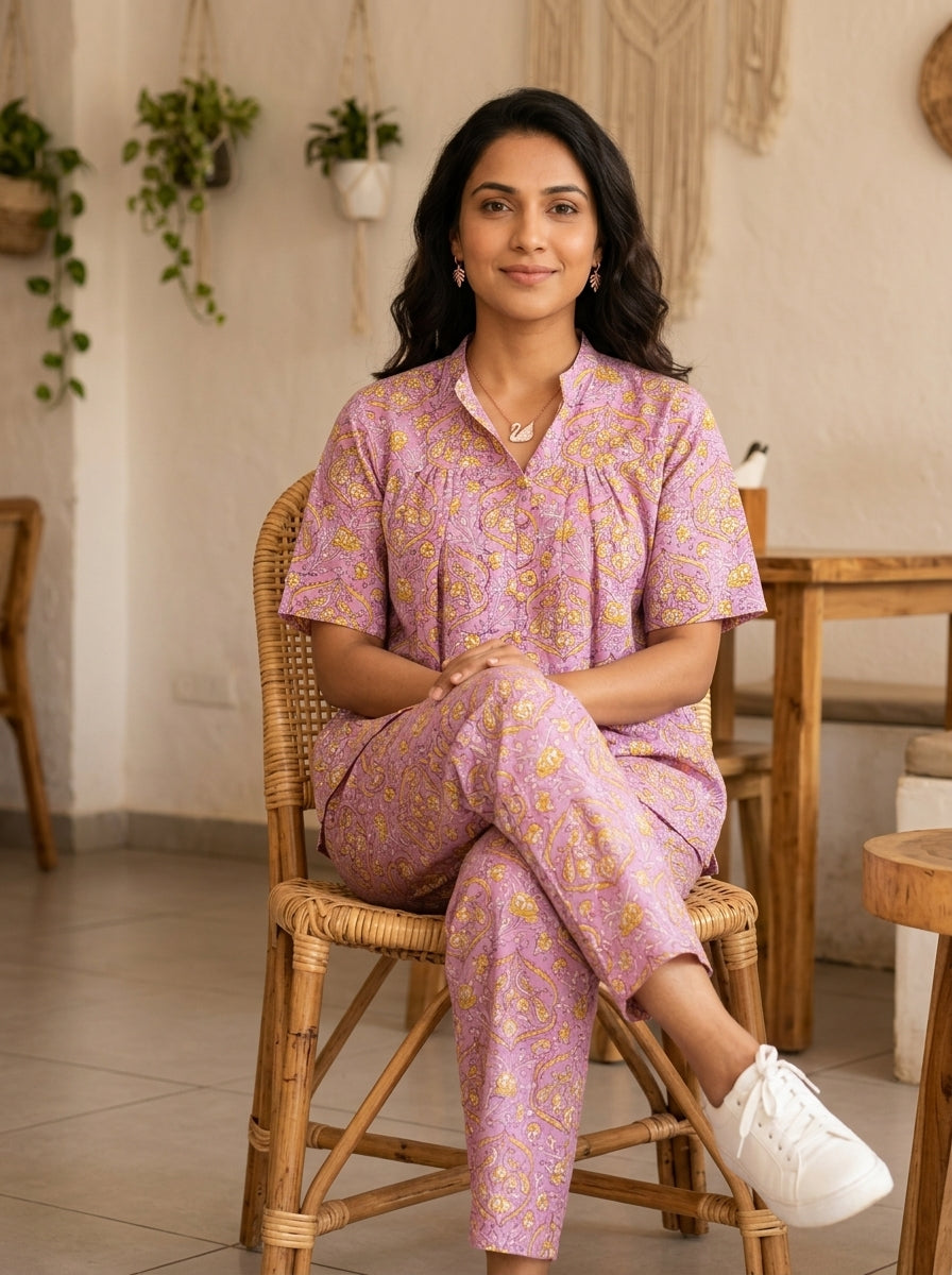 BOONDA-BUTTON PINK PREMIUM COTTON  CORDSET(HANDBLOCK)