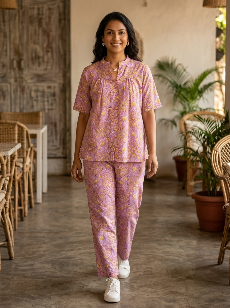 BOONDA-BUTTON PINK PREMIUM COTTON  CORDSET(HANDBLOCK)