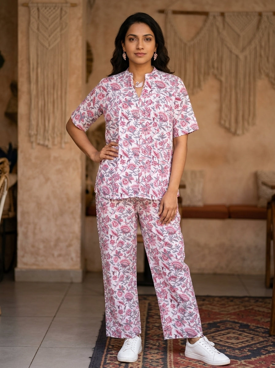 BOONDA-BUTTON WHITE PREMIUM COTTON  CORDSET(HANDBLOCK)