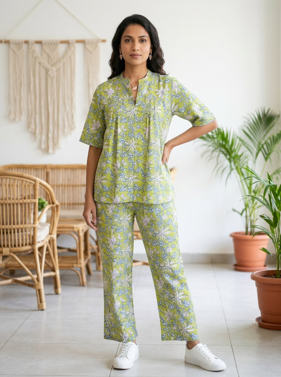 BOONDA-BUTTON GREEN PREMIUM COTTON  CORDSET(HANDBLOCK)