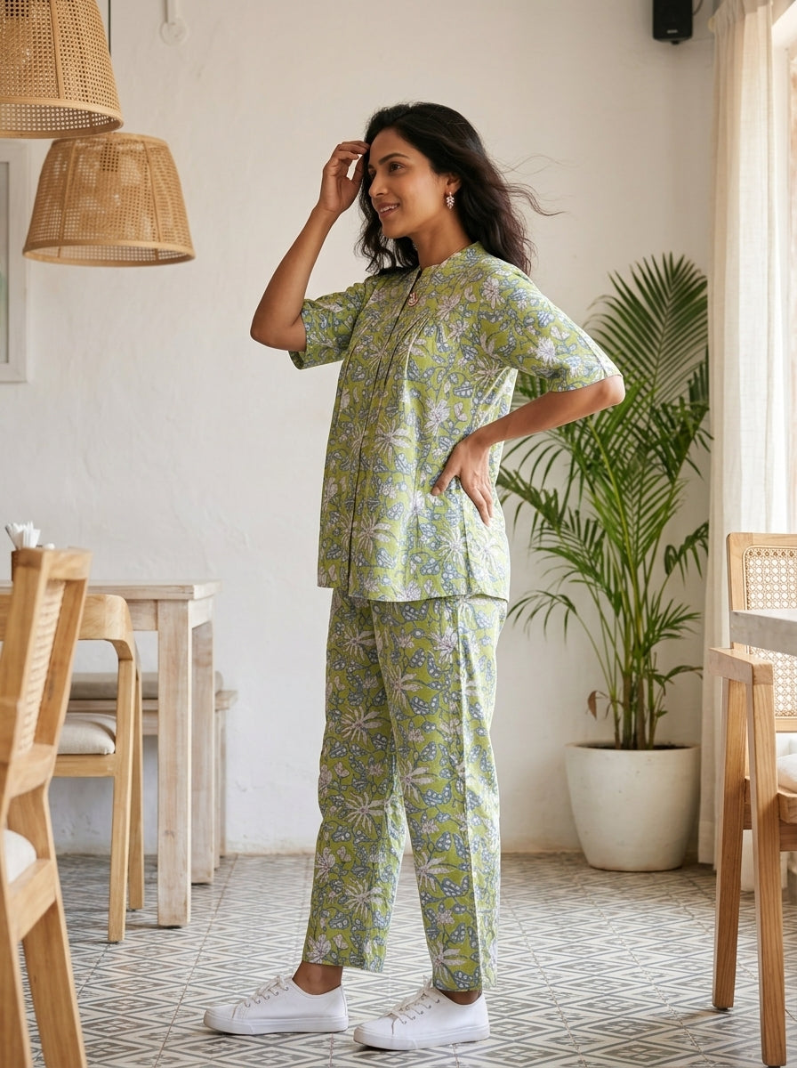 BOONDA-BUTTON GREEN PREMIUM COTTON  CORDSET(HANDBLOCK)