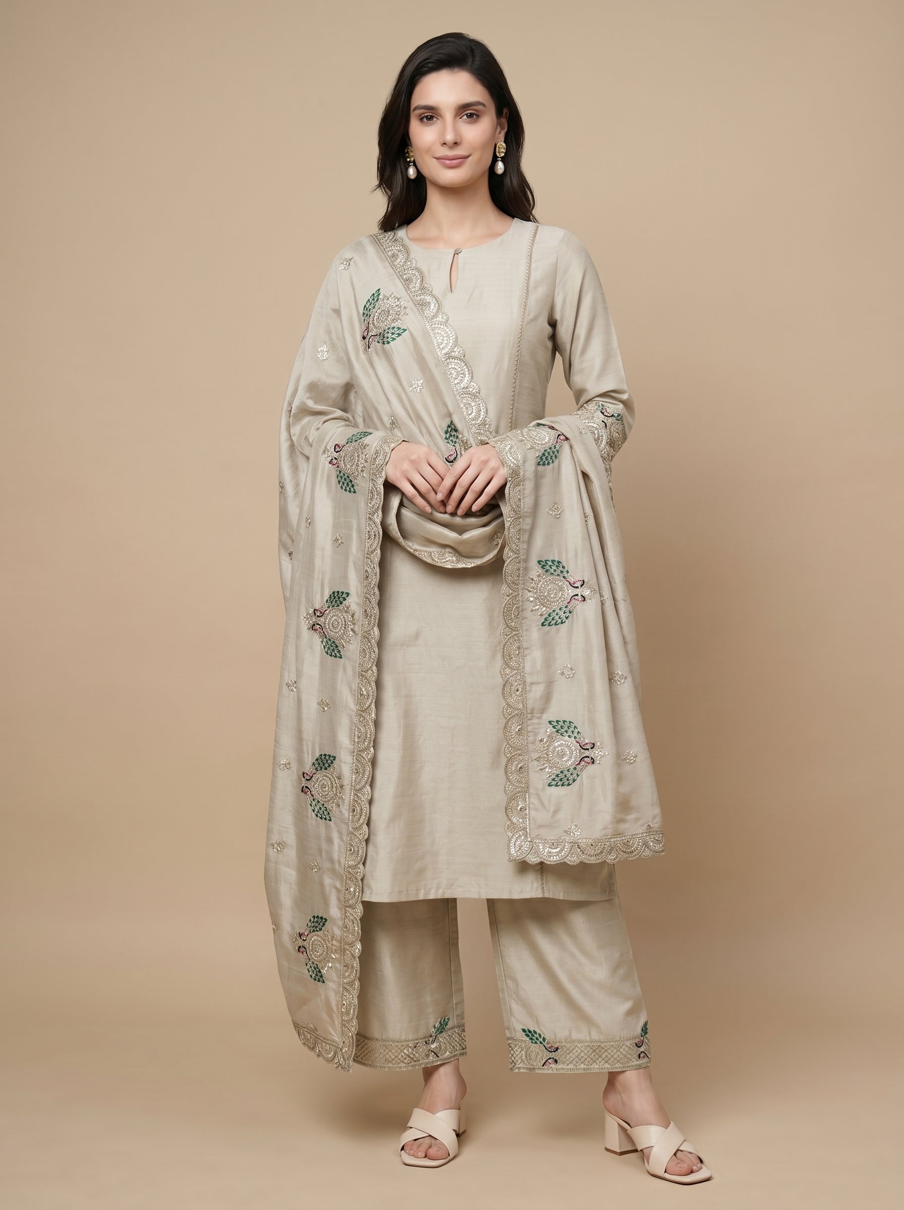 MAYUR HAND-EMBROIDERED TISSUE SILK DUPATTA WITH GOTA & SEQUIN BORDER