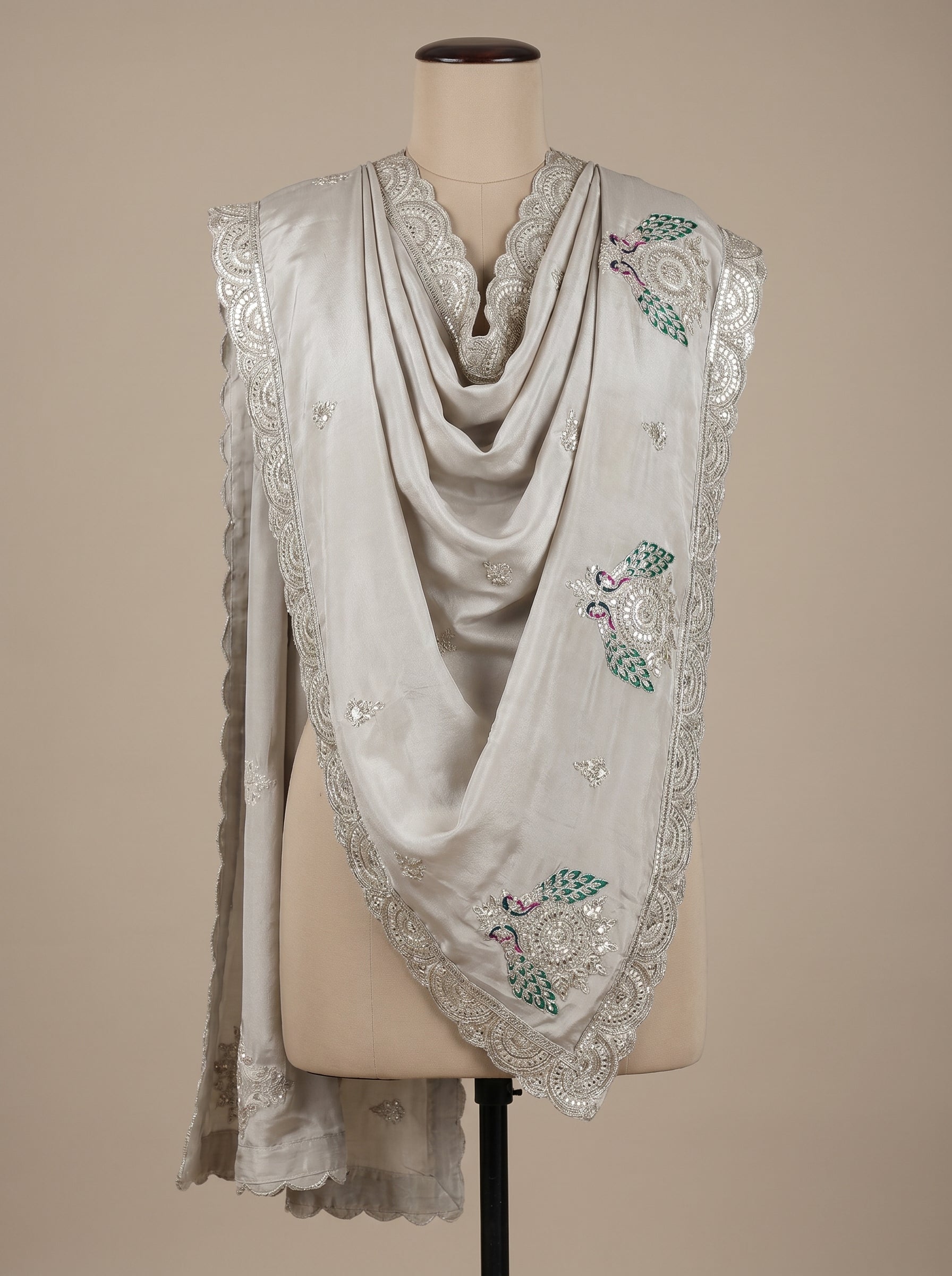 MAYUR HAND-EMBROIDERED TISSUE SILK DUPATTA WITH GOTA & SEQUIN BORDER