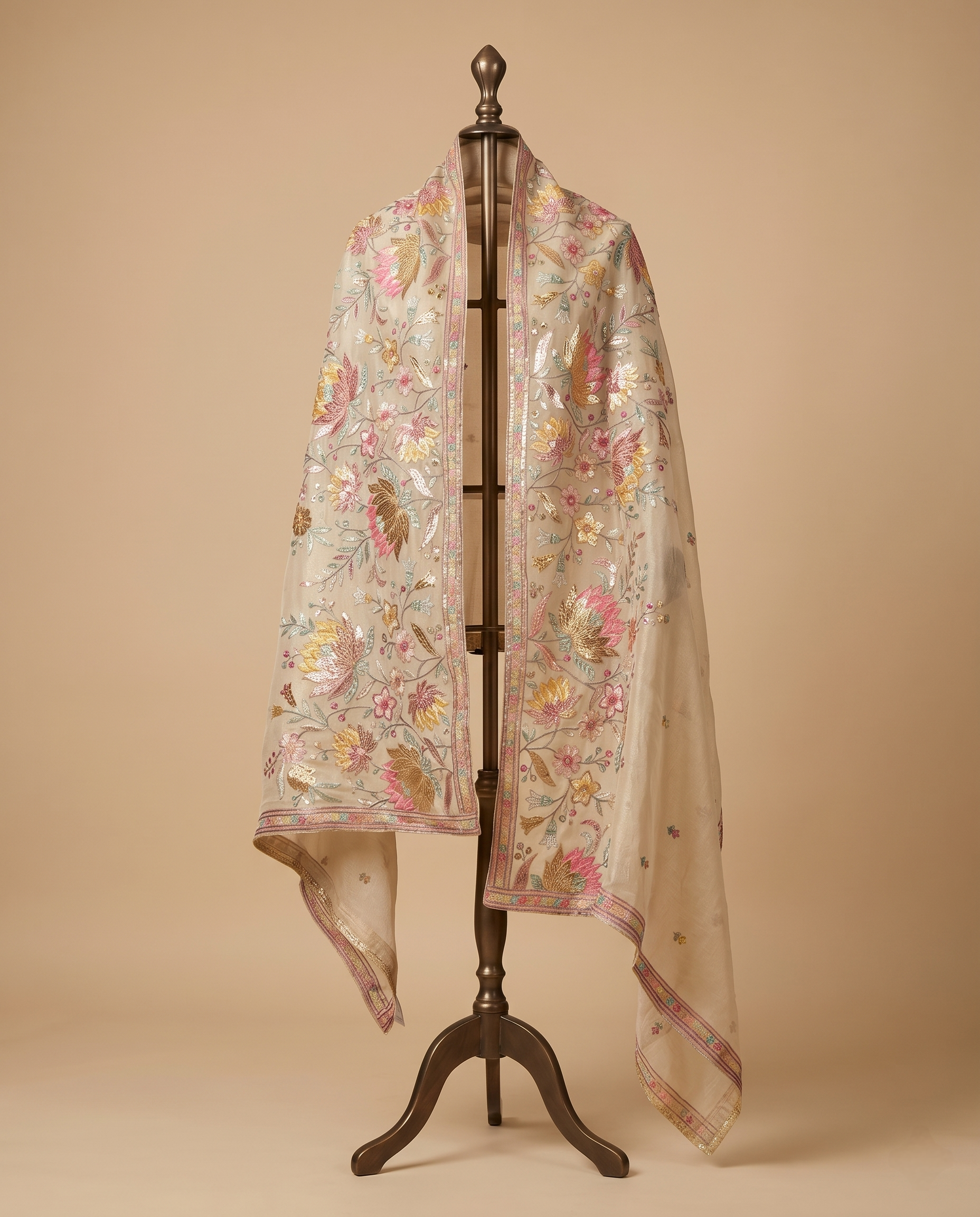 INTTRICATE BOTANICAL EMBROIDERED TISSUE SILK DUPATTA